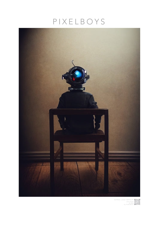 Poster mit Leisten (Holz) - Sad Robots - 2022 - "Lonely"- No.2 - Wandkunst - Museumsqualität - Kunstdruck - Traurige Roboter - Steampunk - Acryldruck - Sad Robots - Maschine - Terminator - blech - traurig - sad - nr.5 lebt - zukunft - Kunstwerk  - Office Poster - Poster mit Rahmen - Kaffee Tasse - Poster mit Leisten - Bedruckte Tassen - Kunst Marke - Art Brand - Wandbild - Kunstdrucke - Papier: 250g/qm - Künstler: John Grayst & Pixelboys - Poster with frame - emotional robots - Geschenkidee - 