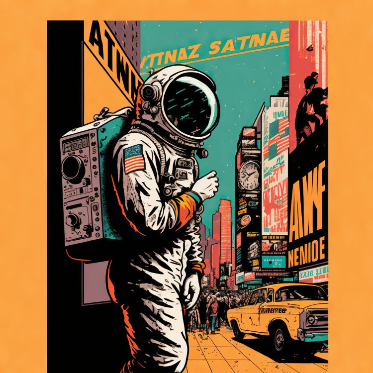 Poster in Museumsqualität - Astronaut at the NY Time Square - Illustration - Astronaut - New York - Rocketman - Posterleisten - USA - Fineart - Posterrahmen  - Wandkunst - Holzrahmen - Poster with frame - artwork - art brand - printed cup personalized - Holzleisten - pixelboys - Kunstdrucke - wandbilder - wall art - Kunst auf Tassen  - Office Poster - Gastrotassen - Wanddekoration - Acrylkunst - Geschenkidee - Office Poster - Acryldruck - Abstrakte Kunst -