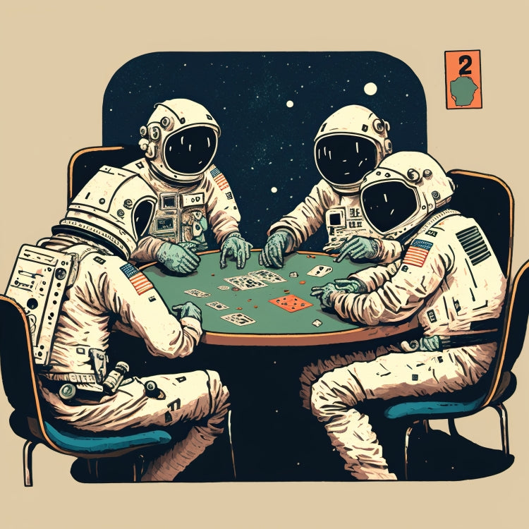 Poster in Museumsqualität - Gambling Astronauts - Illustration - Astronaut - Poker - Rocketman - Posterleisten - USA - Fineart - Posterrahmen  - Wandkunst - Holzrahmen - Poster with frame - artwork - art brand - printed cup personalized - Holzleisten - pixelboys - Kunstdrucke - wandbilder - wall art - Kunst auf Tassen  - Office Poster - Gastrotassen - Wanddekoration - Acrylkunst - Geschenkidee - Office Poster - Acryldruck - Abstrakte Kunst -