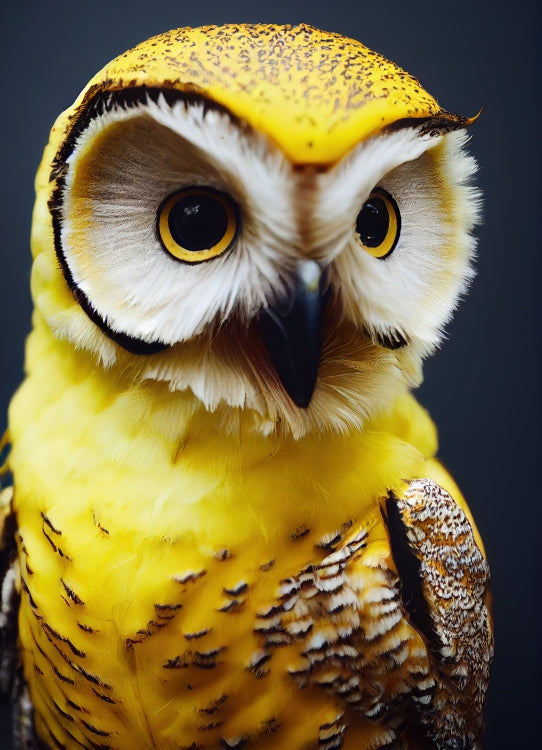 Poster in Museumsqualität - Fruit Owl No. 3 - "Benny", the Banana Owl - Wandkunst - Kunstdruck - (lat. tyto musa) - Bananeneule - Schleiereulen - Fruchteulen - Vogel - Bird - Strigiformes - Noctua - Ornithologie - Kunstwerk  - Office Poster - Poster mit Rahmen - Kaffee Tasse - Poster mit Leisten - Bedruckte Tassen - Kunst Marke - Art Brand - Acrylbild - Wandbild - Kunstdrucke - Papier: 250g/qm - Künstler: John Grayst & Pixelboys - Eulen - Owl - Geschenkidee - 