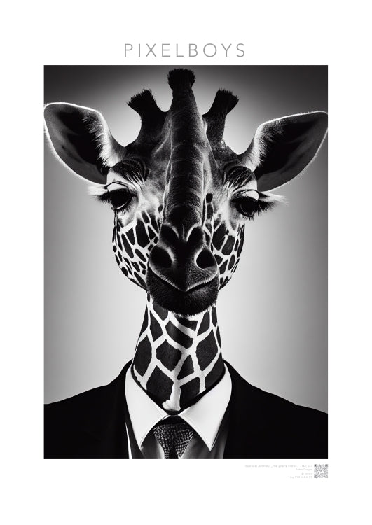 Poster - "The giraffe knows" - Business Animals No. 2 "Bridget" (Giraffe) - Künstler: "John Grayst" Kunstdruck - Wandbild - Pixelboys - Atelier - Milano - Berlin - Munich - Madrid - New York - Dubai - Paris - Tokio - Rom - Lisbon - Ottawa - Bern Switzerland - Amsterdam - Seoul - Vancouver - Antwerpen -