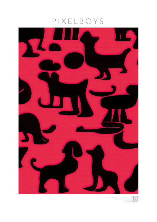 Poster mit Rahmen (Holz) - in Museumsqualität - Doodlemania "weird animals on red"- No.2 - Hunde - Katzen - Doodle Kunst - dogs - Cats - gastro - Poster mit Rahmen - doodle artwork - Acrylbild - Kunstdruck - Wandbild - office Poster - Poster with frame -  Künstler: Pixelboys & The Unknown Artist Nb.517 - keith haring - anti stress art - Gastro Art -Art Brand - 