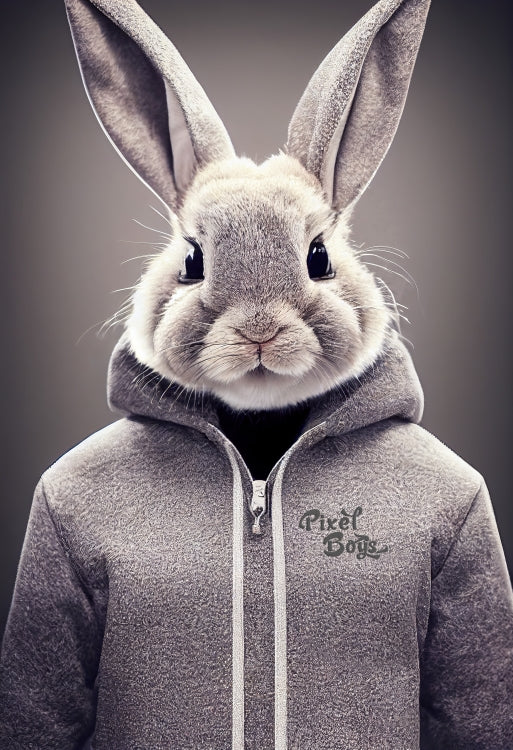 Poster in Museumsqualität - Bunny in grey Hoodie - "Constantin" - Fashion Gang - Wandbild - Ostern - Geschenkidee - Osterhase - Bunny Crew: "Constantin" - "Caesar" - "Titus" - "Cleo" - Weisser Hase - Easter Bunny - Cute - grey Hoodie - sweats - Alice's Adventures in Wonderland - Modemarke - Pixelboys Brand - Constantin der Hase - Hase - Kaninchen  - Künstler: "Pixelboys" - Atelier - Germany - Berlin - Hamburg - Colgne - France - Paris - Italy - Rom - USA - America - New York City - Los Angeles - Chicago - 