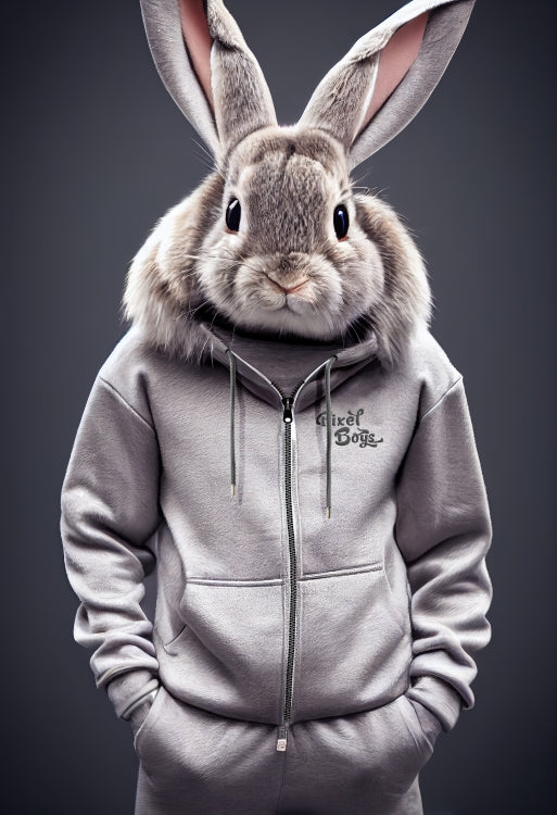 Poster in Museumsqualität - Bunny in grey Tracksuit - "Titus" - Fashion Gang - Becher - Ostern - Geschenkidee - Osterhase - Bunny Crew: "Titus" - "Caesar" - "Constantin" - "Cleo" - Weisser Hase - Easter Bunny - Cute - grey tracksuit - sweats - Alice's Adventures in Wonderland - Modemarke - Pixelboys Brand - Constantin der Hase - Hase - Kaninchen  - Künstler: "Pixelboys" - Atelier - Germany - Berlin - Hamburg - Colgne - France - Paris - Italy - Rom - USA - America - New York City - Los Angeles - Chicago - 