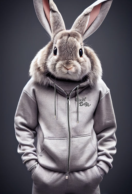 Poster mit Leisten (Holz) - Bunny in grey Tracksuit - "Titus" - Fashion Gang - Wandbild - Ostern - Geschenkidee - Osterhase - Bunny Crew: "Titus" - "Caesar" - "Constantin" - "Cleo" - Weisser Hase - Easter Bunny - Cute - grey tracksuit - sweats - Alice's Adventures in Wonderland - Modemarke - Pixelboys Brand - Constantin der Hase - Hase - Kaninchen  - Künstler: "Pixelboys" - Atelier - Germany - Berlin - Hamburg - Colgne - France - Paris - Italy - Rom - USA - America - New York City - Los Angeles - Chicago - 