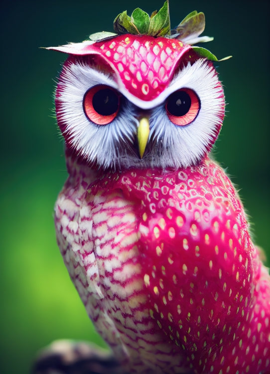 Poster mit Leisten (Holz) - Fruit Owl No. 2 - "Berry", the Strawberry Owl - Serie Fruit Owls - Wandkunst - Kunstdruck - (fiktiv: lat.  Pulsatrix Fragaria) - Erdbeere - Schleiereulen - Fruchteulen - Vogel - Bird - Strigiformes - Noctua - Ornithologie - Kunstwerk  - Office Poster - Poster mit Rahmen - Kaffee Tasse - Poster mit Leisten - Bedruckte Tassen - Kunst Marke - Art Brand - Acrylbild - Wandbild - Kunstdrucke - Papier: 250g/qm - Künstler: John Grayst & Pixelboys - Eulen - Owl - Geschenkidee - 