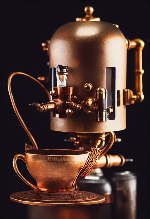 Poster in Museumsqualität - Steampunk - Coffee Maker - No.7 - Collection Cup - Pixelboys - Wandbild - Kunstwerk - Hotelkunst - Kunst auf Postern - Fine Art - Steampunk - Future - Maschine - Poster with frame - Office Poster - Art Brand - Pixelboys - Coffee House - Restaurant Poster - Wall Art - Kunstdruck - Geschenkidee - Kunst auf Acrylglas - Future Coffee Cup - Personalisierbare Tasse - Gastro Tasse - exklusiv - Acryldruck - Gastronomie Poster - Hotelposter - Teestube - Steam Punk Kitchen -   