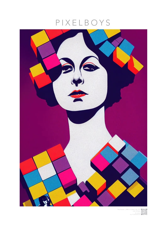 Poster in Museumsqualität - The Queen No.1 - HRH in cubes - Kunstdruck - 250g/qm - Queen Elisabeth II - Monarch - HRH - His/Her Royal Highness - Groß Britannien - Commonwealth - The Royal Family - Wandbild - Kubismus - synthetischen Kubismus - Georges Braque - Künstler: "John Grayst" - Atelier - UK - GB - London - 