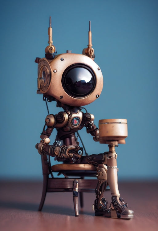 Poster mit Rahmen (Holz) in Museumsqualität - Tiny robot with a present - "Tiny Sam" - Wandbild - Customizable Coffee Cup - Personalized Gifts - Kunstdruck - Roboter mit Geschenk - Steampunk - Acryldruck - Present Robots - Personalized Gifts - Poster with frame - nr.5 lebt - zukunft - Kunstwerk - Office Poster - Poster mit Rahmen - Kaffee Tasse  - Bedruckte Tassen - Kunst Marke - Art Brand - Wandbild - Kunstdrucke - Künstler: John Grayst & Pixelboys - emotional robots - Geschenkidee -