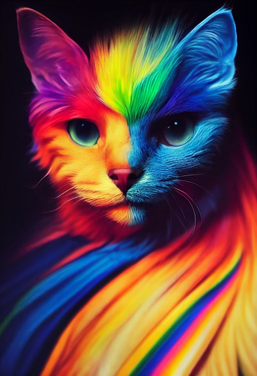 Poster mit Rahmen - Farbenfrohe Regenbogen Katze "Kitty" Poster Set mit Holzrahmen - In vielen verschiedenen Größen - auch in XXL verfügbar!