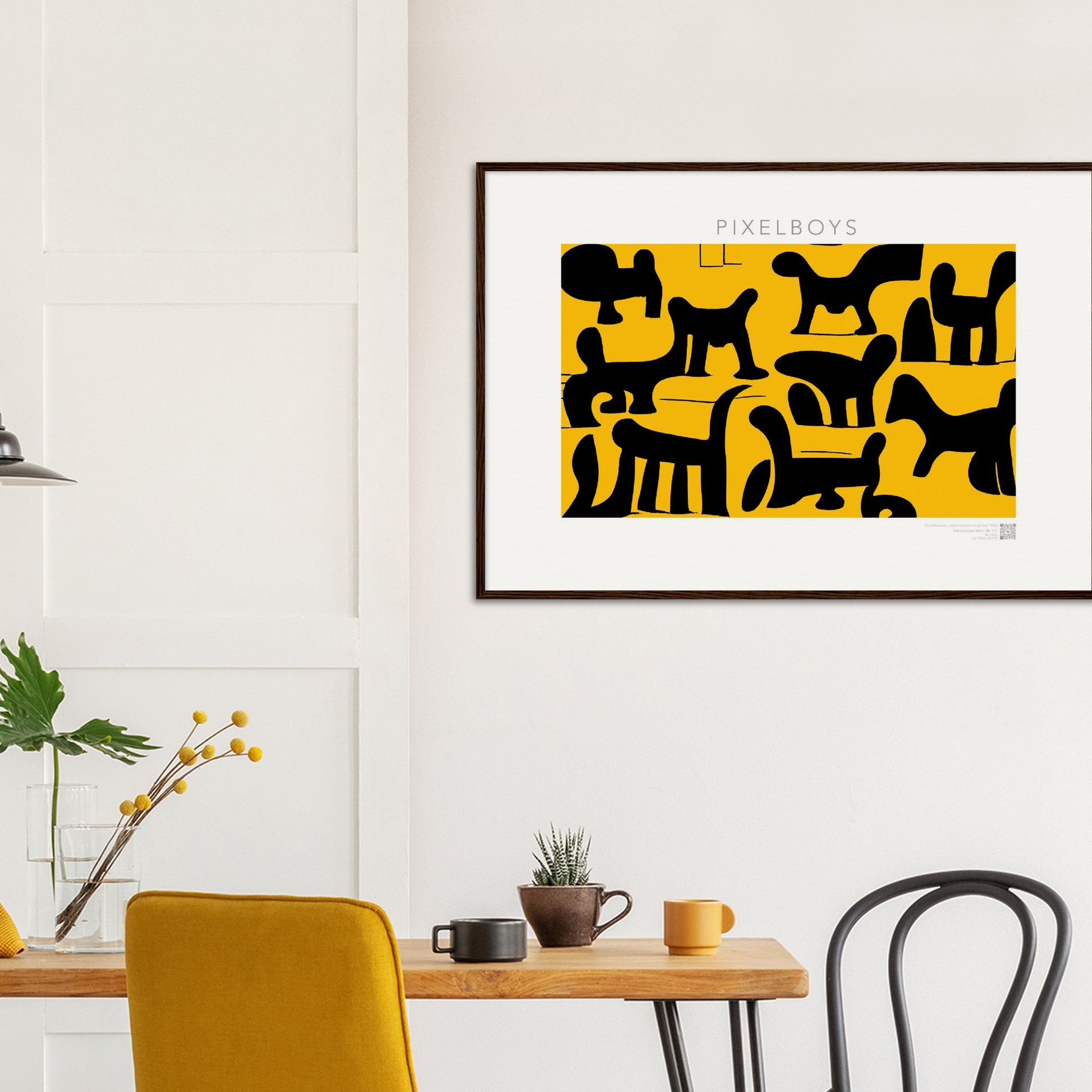 Poster mit Rahmen (Holz) - Doodlemania "weird animals on yellow" - No.3 - bedruckte Tasse-  gelb - Cup - Hunde - Katzen - Doodle Kunst - dogs - Cats - gastro - Poster mit Rahmen - doodle artwork - Acrylbild - Kunstdruck - Wandbild - office Poster - Poster with frame -  Künstler: Pixelboys & The Unknown Artist Nb.517 - keith haring - Gastro Art - anti stress art - Art Brand - Kunstdruck - Gastro Tasse - 