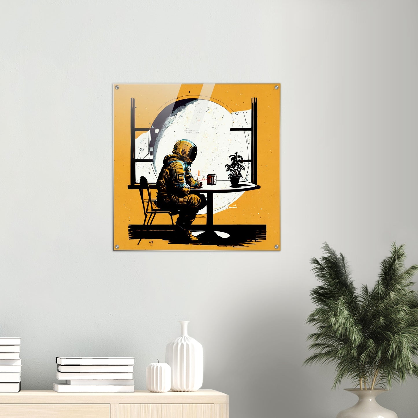  Acrylbild auf Glas-  in Museumsqualität - The waiting Astronaut - Michael - Illustration - Astronaut - Waiting - Posterleisten - USA - Fineart - Posterrahmen  - Wandkunst - Holzrahmen - Poster with frame - people of color - artwork - art brand - printed cup personalized - Holzleisten - pixelboys - Kunstdrucke - wandbilder - wall art - Kunst auf Tassen  - Office Poster - Gastrotassen - Wanddekoration - Acrylkunst - Geschenkidee - Office Poster - Acryldruck - Abstrakte Kunst -