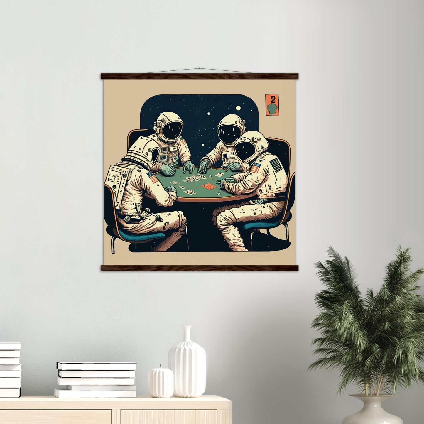 Poster mit Leisten (Holz) in Museumsqualität - Gambling Astronauts - Illustration - Astronaut - Poker - Rocketman - Posterleisten - USA - Fineart - Posterrahmen  - Wandkunst - Holzrahmen - Poster with frame - artwork - art brand - printed cup personalized - Holzleisten - pixelboys - Kunstdrucke - wandbilder - wall art - Kunst auf Tassen  - Office Poster - Gastrotassen - Wanddekoration - Acrylkunst - Geschenkidee - Office Poster - Acryldruck - Abstrakte Kunst -