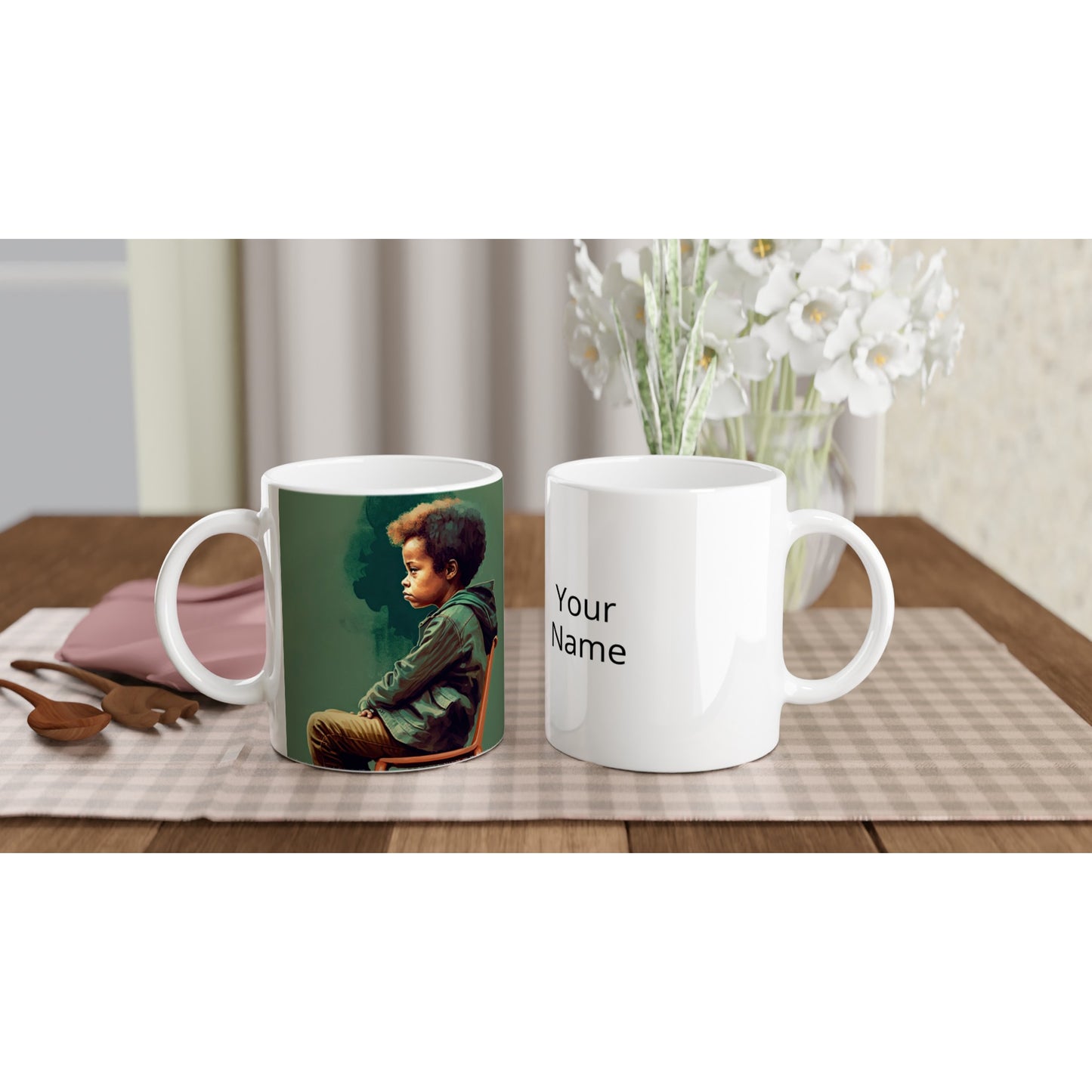 Personalisierte Tasse (bedruckt) - in Museumsqualität - Listening - The Son - Jeffrey - rasism - motherhood - Posterleisten - USA - Fineart - Posterrahmen  - Wandkunst - Holzrahmen - Poster with frame - people of color - artwork - art brand - printed cup personalized - Holzleisten - pixelboys - Kunstdrucke - wandbilder - wall art - Kunst auf Tassen  - Office Poster - Gastrotassen - Wanddekoration - Acrylkunst - Geschenkidee - Office Poster - Acryldruck - Abstrakte Kunst - Family Art -