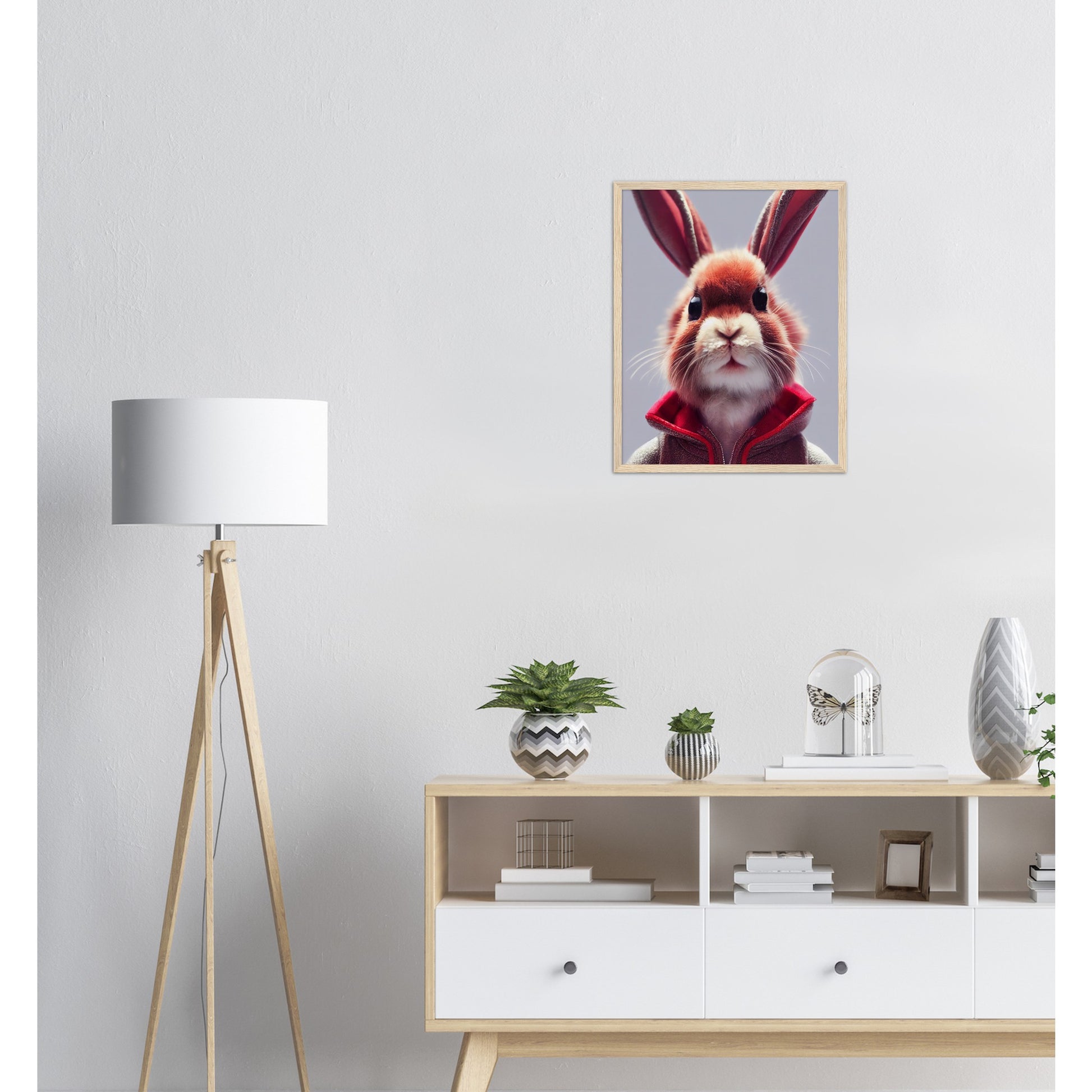 Poster mit Rahmen (Holz)- Museumsqualität - Bunny in grey red tracksuit - "Julius" - personalized mug - customized mug - Cute rabbit - Marke:- Pixelboys - Brand - Art Prints - Marke - Wandkunst - Papierstärke: 250g/qm - Wall Art - Bunny crey - Skater Betty - Hasen Gang - Original - Künstler:Pixelboys - Poster with frame - Office Poster - Trend - Wandschmuck - Atelier USA - 