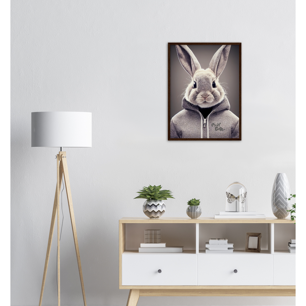 Poster mit Rahmen (Holz) - Bunny in grey Hoodie - "Constantin" - Fashion Gang - Wandbild - Ostern - Geschenkidee - Osterhase - Bunny Crew: "Constantin" - "Caesar" - "Titus" - "Cleo" - Weisser Hase - Easter Bunny - Cute - grey Hoodie - sweats - Alice's Adventures in Wonderland - Modemarke - Pixelboys Brand - Constantin der Hase - Hase - Kaninchen  - Künstler: "Pixelboys" - Atelier - Germany - Berlin - Hamburg - Colgne - France - Paris - Italy - Rom - USA - America - New York City - Los Angeles - Chicago - 