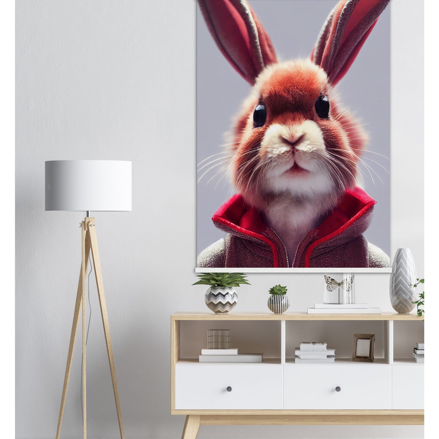 Poster mit Leisten (Holz)- Museumsqualität - Bunny in grey red tracksuit - "Julius" - personalized mug - customized mug - Cute rabbit - Marke:- Pixelboys - Brand - Art Prints - Marke - Wandkunst - Papierstärke: 250g/qm - Wall Art - Bunny crew - Skater Betty - Hasen Gang - Original - Künstler:Pixelboys - Poster with frame - Office Poster - Acrylkunst - Trend - Wandschmuck - Acrylbild - Atelier Canada - 