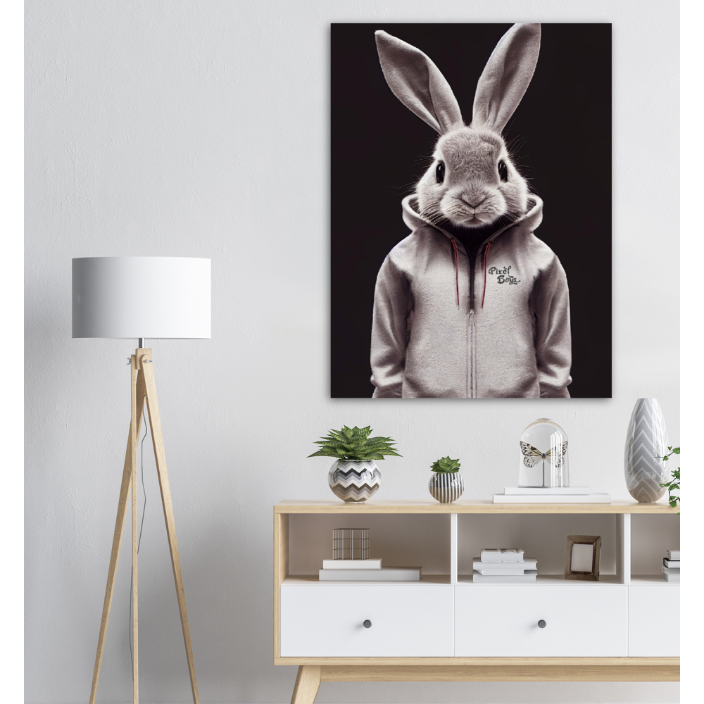 Poster in Museumsqualität - Bunny in grey tracksuit - Fashion Gang - Wandbild - Ostern - Geschenkidee - Osterhase - Bunny Crew: "Valerian" - "Caesar" - "Constantin" - "Cleo"-Titus - Weisser Hase - Easter Bunny - Cute - grey tracksuit - sweats - Alice's Adventures in Wonderland - Modemarke - Pixelboys Brand - Valerian der Hase - Kaninchen  - Künstler: "Pixelboys" - Atelier - Germany - Berlin - Hamburg - Colgne - France - Paris - Italy - Rom - USA - America - New York City - Los Angeles - Chicago - 