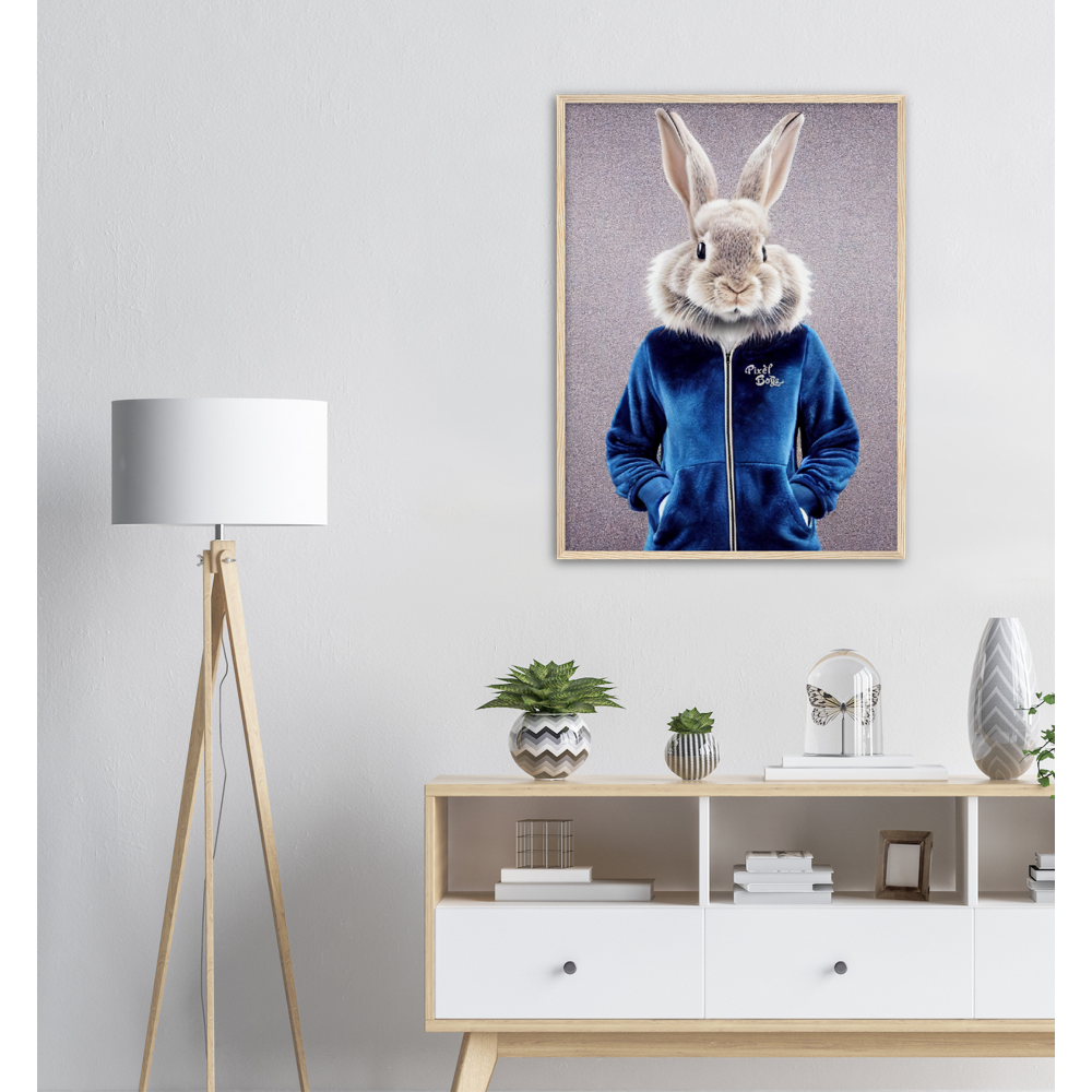 Poster mit Rahmen (Holz) - Bunny in blue Tracksuit - "Caesar" - Gang - Wandbild - Ostern - Geschenkidee - Osterhase - Bunny Crew: "Caesar" - "Constantin" - "Titus" - "Cleo" - Weisser Hase - Easter Bunny - Cute - blue Tracksuit - sweats - Gang - Modemarke -Pixelboys Brand - Caesar der Hase - Meister Lampe - Hase - Kaninchen - Karnickel - Stallhase - Künstler: "Pixelboys" - Atelier - Germany - Berlin - France - Paris - Italy - Rom - USA - America - New York City - Los Angeles - Chicago - Houston 