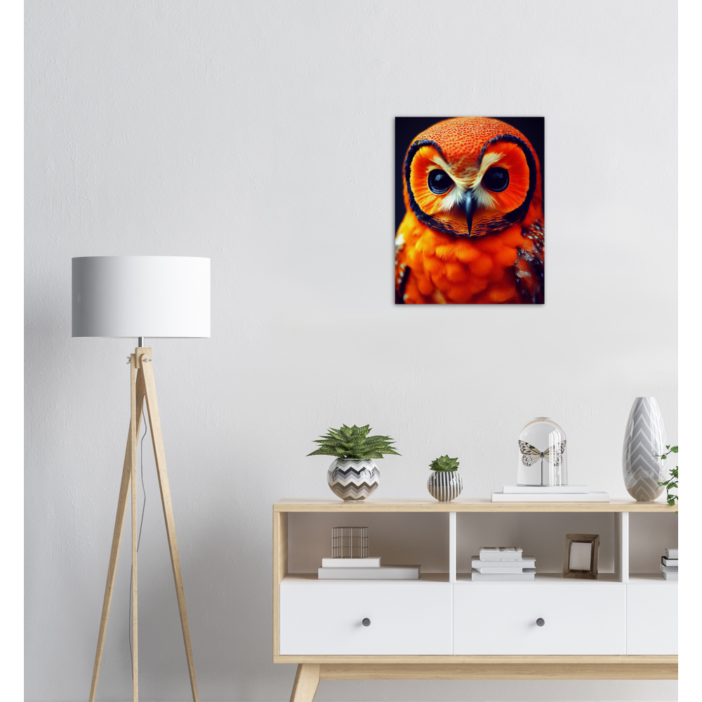 Poster in Museumsqualität - Fruit Owl No. 1 - "Orangina", the orange owl - Serie Fruit Owls - Schleiereulen - lat. Tytonidae - Fruchteulen - Vogel - Bird - Strigiformes - Noctua - Ornithologie - Kunstwerk - Acryldruck - Poster mit Rahmen - Poster mit Leisten - Bedruckte Tassen - Kunst Marke - Art Brand - Pixelboys - Kunstdruck - Acrylbild - Wandbild - Kunstdrucke - Papier: 250g/qm - Künstler: John Grayst & Pixelboys - Eulen - Owl-  - Atelier - England - London - Birmingham - Manchester - Leeds - Liverpool 