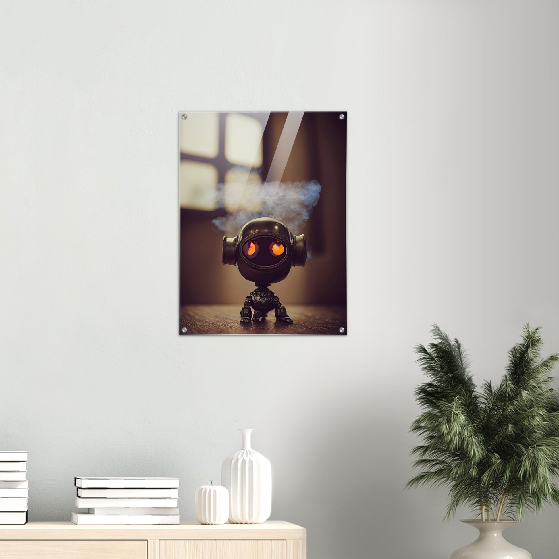 Acryldruck - in Museumsqualität - Tiny robot - with smoke around his head - "Tiny Tim" - Wandbild - Customizable Coffee Cup - Personalized Gifts - Kunstdruck - Rauchender Roboter - Steampunk - Acryldruck - Smoking Robots - Personalized Gifts - Poster with frame - nr.5 lebt - zukunft - Kunstwerk - Office Poster - Poster mit Rahmen - Kaffee Tasse  - Bedruckte Tassen - Kunst Marke - Art Brand - Wandbild - Kunstdrucke - Künstler: John Grayst & Pixelboys - emotional robots - Geschenkidee - Acrylbild -