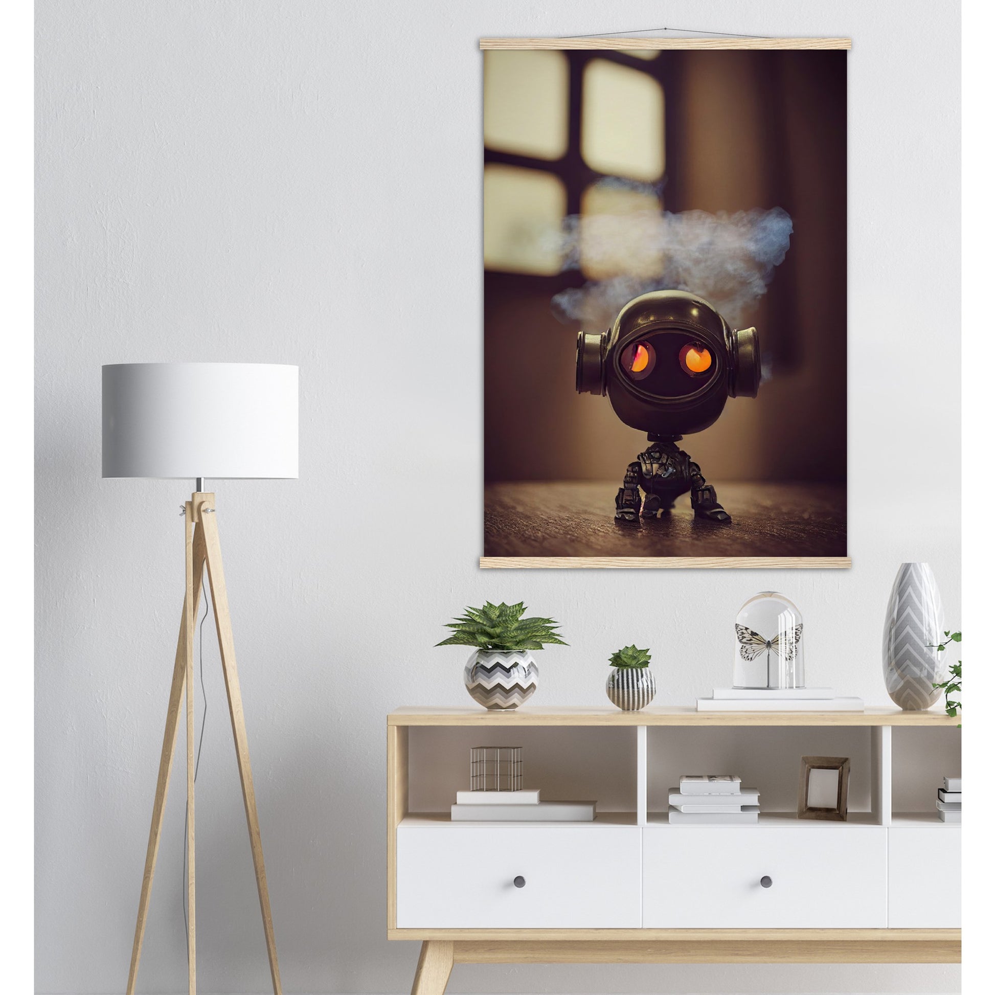 Poster mit Leisten (Holz) in Museumsqualität - Tiny robot - with smoke around his head - "Tiny Tim" - Wandbild - Customizable Coffee Cup - Personalized Gifts - Kunstdruck - Rauchender Roboter - Steampunk - Acryldruck - Smoking Robots - Personalized Gifts - Poster with frame - Wall Art - - zukunft - Kunstwerk - Office Poster - Poster mit Rahmen - Kaffee Tasse  - Bedruckte Tassen - Kunst Marke - Art Brand - Wandbild - Kunstdrucke - Künstler: John Grayst & Pixelboys - emotional robots - Geschenkidee 