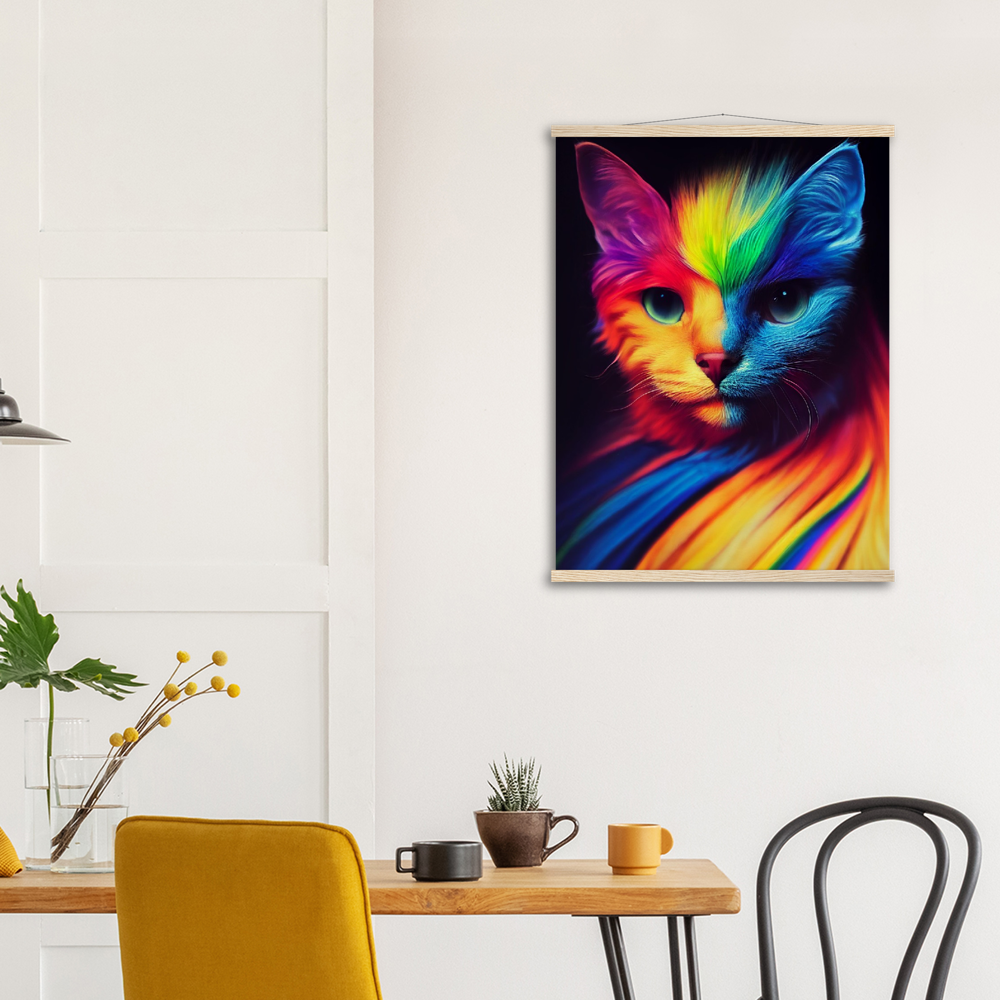 Poster Set mit Leisten aus Holz - Farbenfrohe Regenbogen Katze "Kitty" - Pride Bewegung Maskottchen -