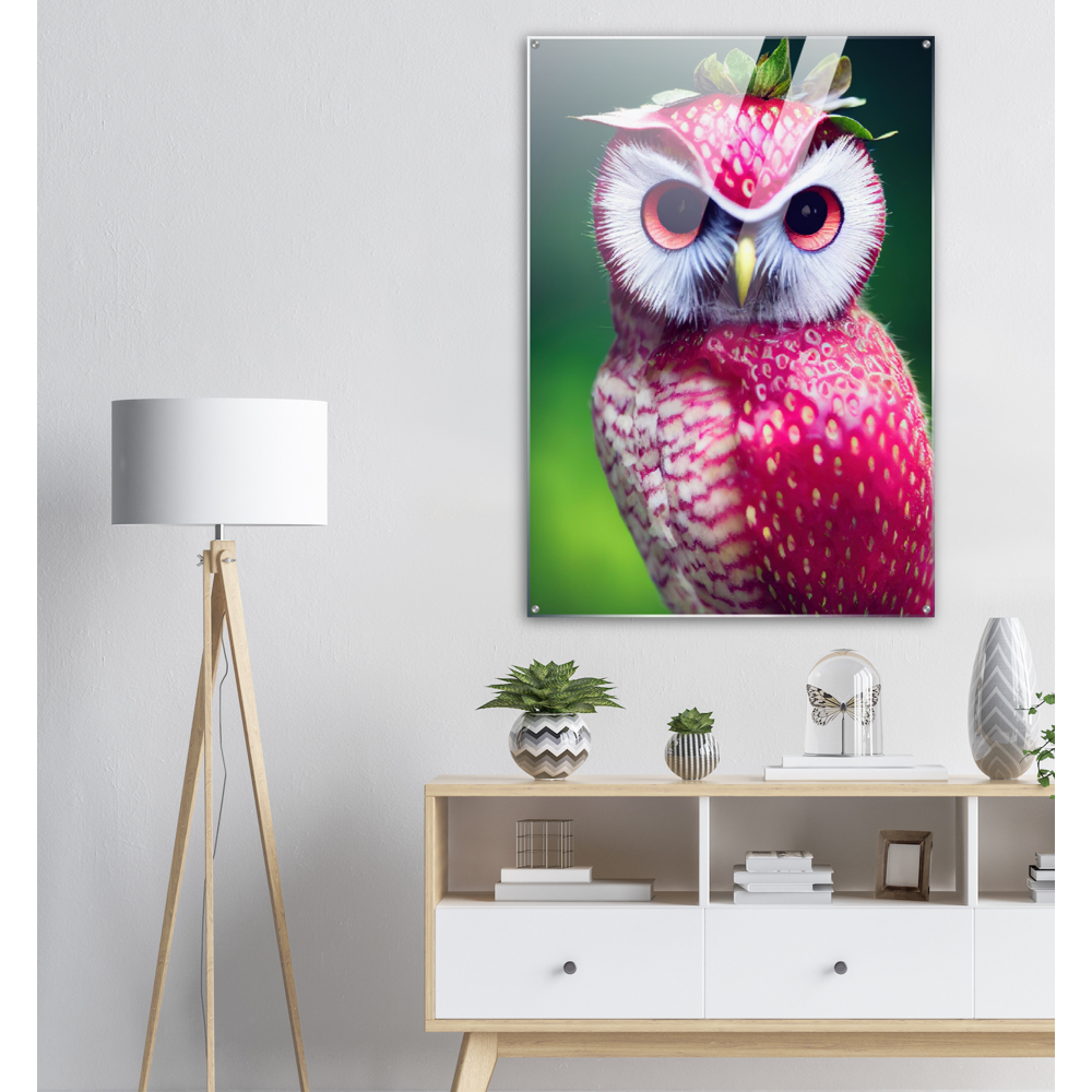 Acrylbild - Fruit Owl No. 2 - "Berry", the Strawberry Owl - Serie Fruit Owls - Wandkunst - Kunstdruck - (fiktiv: lat.  Pulsatrix Fragaria) - Erdbeere - Schleiereulen - Fruchteulen - Vogel - Bird - Strigiformes - Noctua - Ornithologie - Kunstwerk  - Office Poster - Poster mit Rahmen - Kaffee Tasse - Poster mit Leisten - Bedruckte Tassen - Kunst Marke - Art Brand - Acrylbild - Wandbild - Kunstdrucke - Papier: 250g/qm - Künstler: John Grayst & Pixelboys - Eulen - Owl - Geschenkidee - 