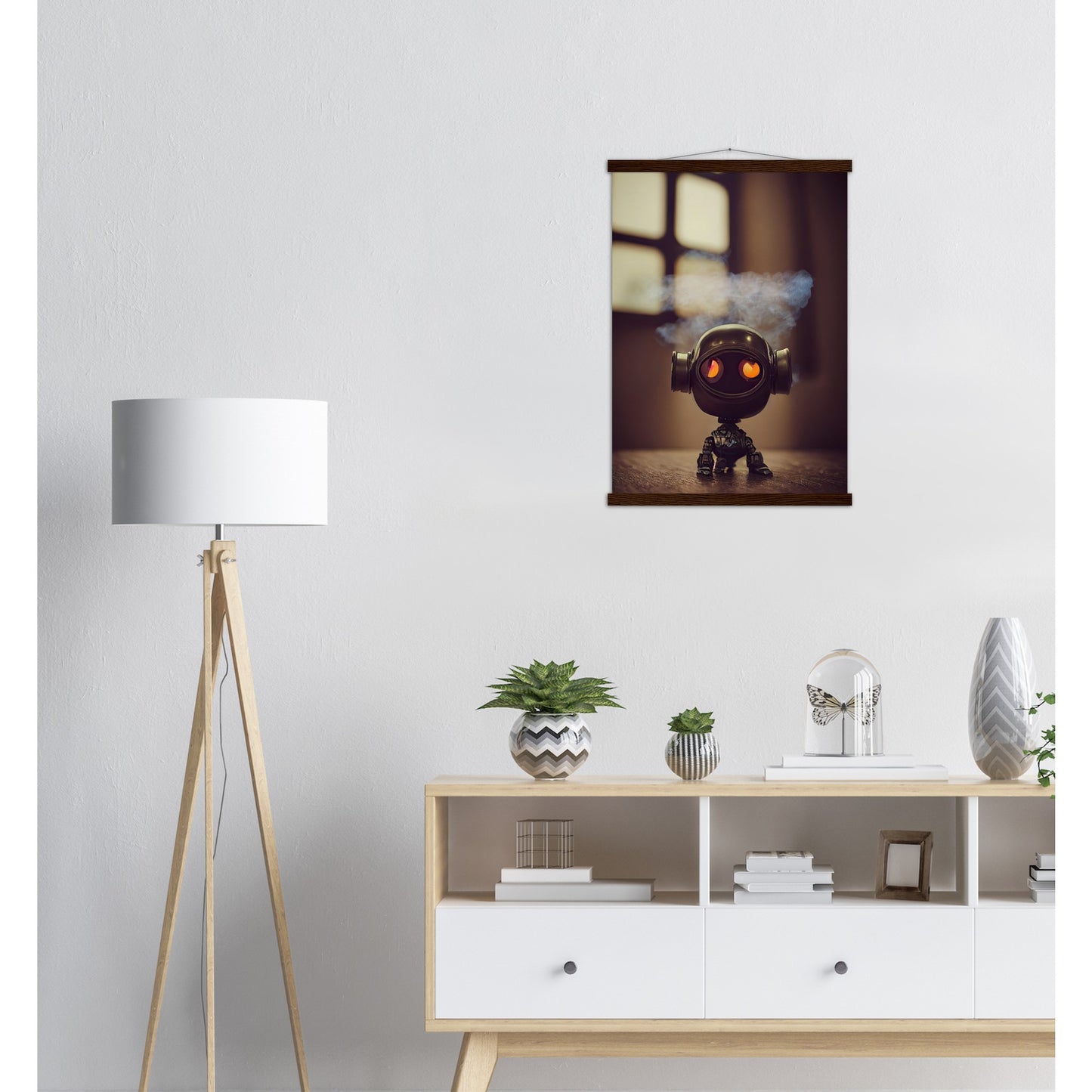 Poster mit Leisten (Holz) in Museumsqualität - Tiny robot - with smoke around his head - "Tiny Tim" - Wandbild - Customizable Coffee Cup - Personalized Gifts - Kunstdruck - Rauchender Roboter - Steampunk - Acryldruck - Smoking Robots - Personalized Gifts - Poster with frame - Wall Art - - zukunft - Kunstwerk - Office Poster - Poster mit Rahmen - Kaffee Tasse  - Bedruckte Tassen - Kunst Marke - Art Brand - Wandbild - Kunstdrucke - Künstler: John Grayst & Pixelboys - emotional robots - Geschenkidee 