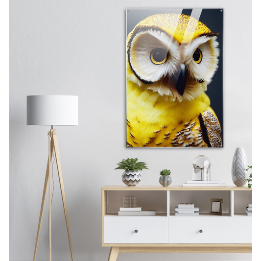 Acrylbild - Fruit Owl No. 3 - "Benny", the Banana Owl - Wandkunst - Kunstdruck - (lat. tyto musa) - Bananeneule - Schleiereulen - Fruchteulen - Vogel - Bird - Strigiformes - Noctua - Ornithologie - Kunstwerk  - Office Poster - Poster mit Rahmen - Kaffee Tasse - Poster mit Leisten - Bedruckte Tassen - Kunst Marke - Art Brand - Acryldruck - Wandbild - Kunstdrucke - Papier: 250g/qm - Künstler: John Grayst & Pixelboys - Eulen - Owl - Geschenkidee - 