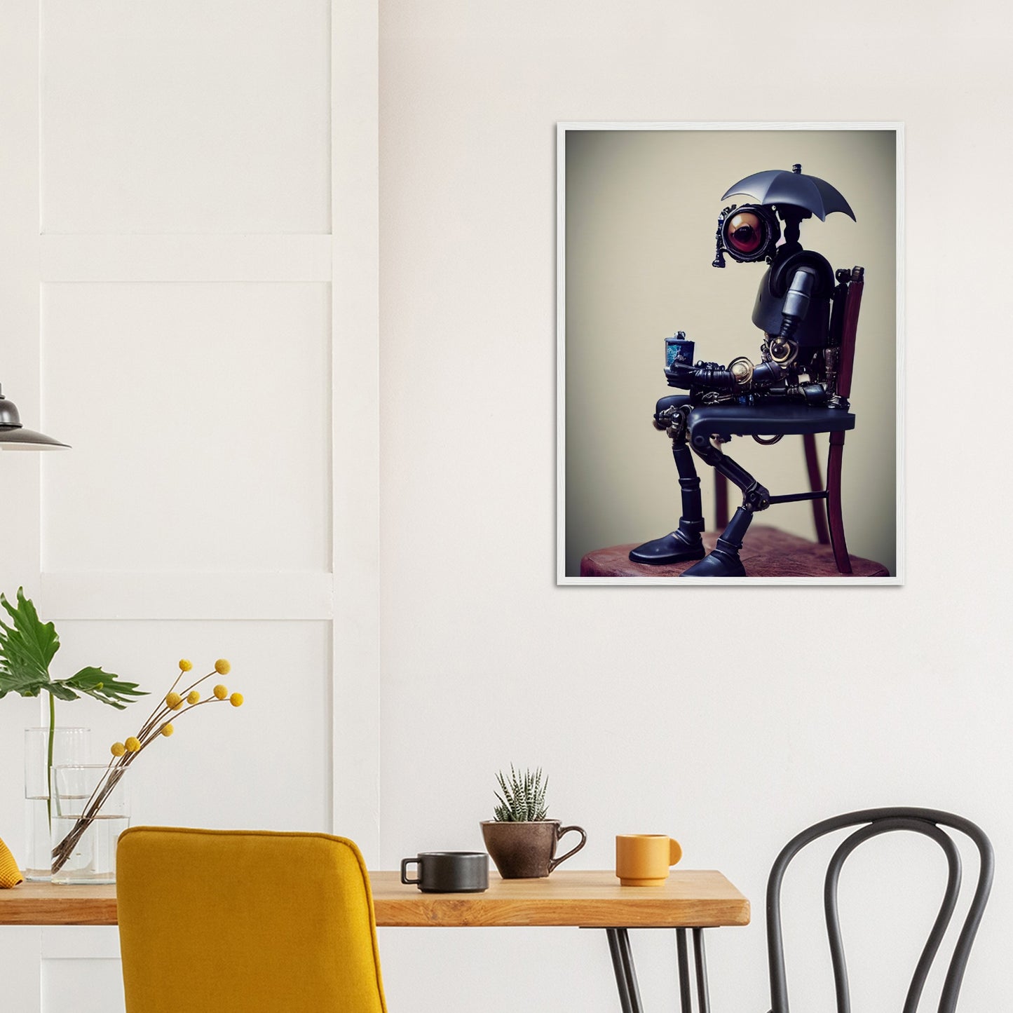 Poster mit Rahmen (Holz) in Museumsqualität - Tiny robot with an umbrella "Louis" - Regenschirm - Acryldruck - Wandkunst - Customizable Coffee Cup - Personalized Gifts - Kunstdruck - Kleine Roboter - Acryldruck - Little Robots - Personalized Gifts - Tiny  - Steampunk - zukunft - Poster with frame - Kunstwerk - Office Poster - Poster mit Rahmen - Kaffee Tasse - Poster - Bedruckte Tassen - Kunst Marke - Art Brand - Kunstdrucke - Künstler: John Grayst & Pixelboys - emotional robots - Geschenkidee -