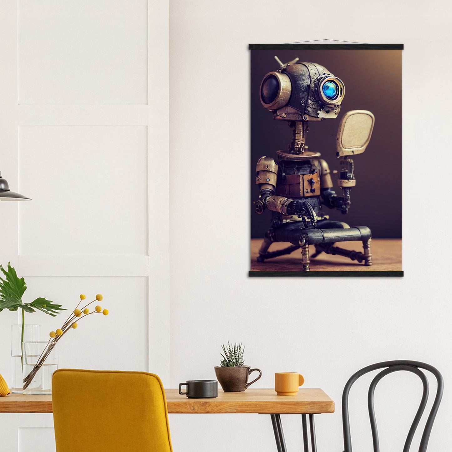 Poster mit Leisten (Holz) in Museumsqualität - Tiny robot with a mirror - Hitoshi 人 - Wall Art - Spiegel - Acryldruck - Wandkunst - Customizable Coffee Cup - Personalized Gifts - Kunstdruck - Kleine Roboter - Acryldruck - Little Robots - Personalized Gifts - Tiny  - Steampunk - zukunft - Poster with frame - Kunstwerk - Office Poster - Poster mit Rahmen - Kaffee Tasse - Poster - Bedruckte Tassen - Kunst Marke - Art Brand - Kunstdrucke - Künstler: John Grayst & Pixelboys - emotional robots - Geschenkidee - 