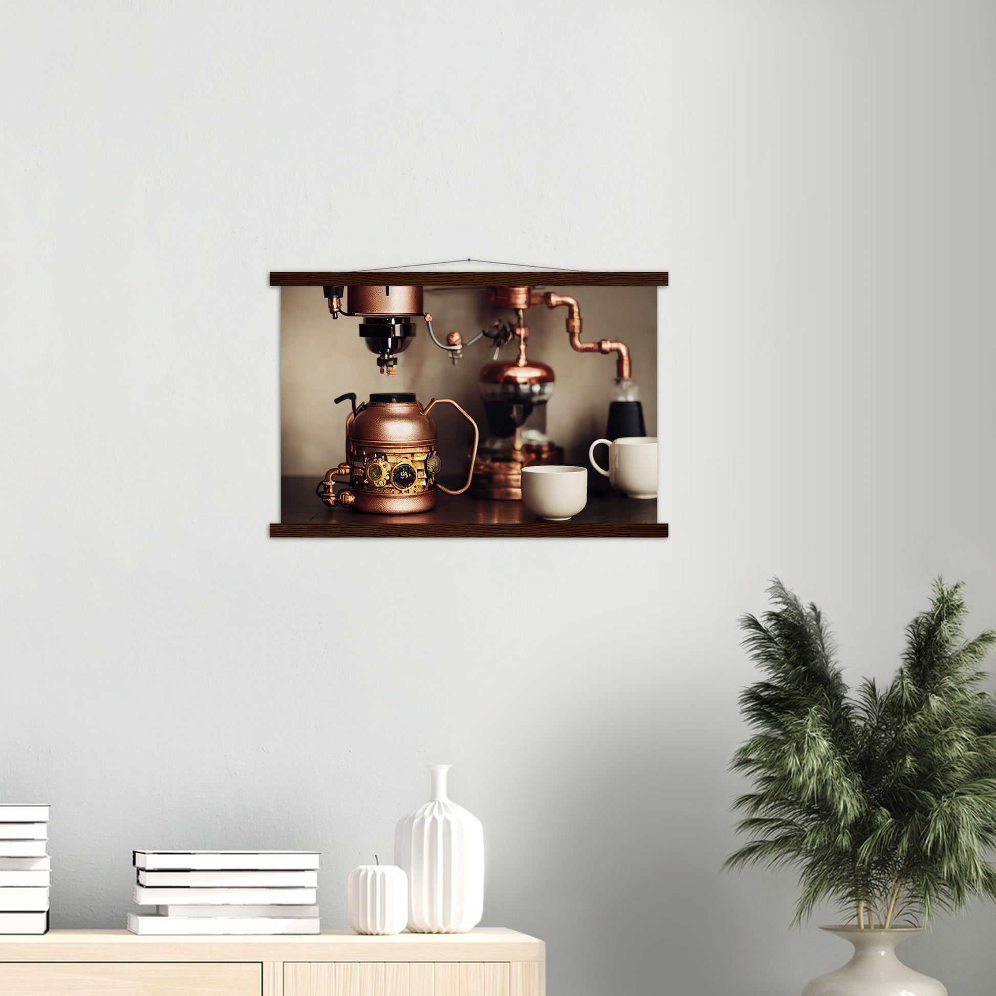 Poster mit Leisten (Holz) - in Museumsqualität - Steampunk - Coffee Maker - No.1 - Wandbild - Kunstwerk - Kunst auf Postern - Fine Art - Steampunk - Future - Maschine - Poster with frame - Office Poster - Art Brand - Pixelboys - Coffee House - Restaurant Poster - Schöner Wohnen - Dekoration - Wall Art - Kunstdruck - Geschenkidee - Kunst auf Acrylglas - Personalisierbare Tasse - Gastro Poster - Gewerbliche Poster - exklusiv