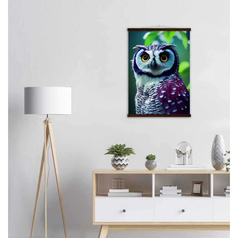 Poster mit Leisten (Holz) - Fruit Owl No.5 - "Sini", the bluberry owl - Wandkunst - Kunstdruck - Heidelbeereule - (lat. bubo vaccinium) - Teebecher - Heidelbeere Eule - Fruchteulen - blueberry owl- Vogel - Uhu - Bird - Strigiformes - Noctua - Ornithologie - Kunstwerk  - Office Poster - Poster mit Rahmen - Kaffee Tasse - Poster mit Leisten - Bedruckte Tassen - Kunst Marke - Art Brand - Acryldruck - Wandbild - Kunstdrucke - Papier: 250g/qm - Künstler: John Grayst & Pixelboys - Eulen - Owl - Geschenkidee - 