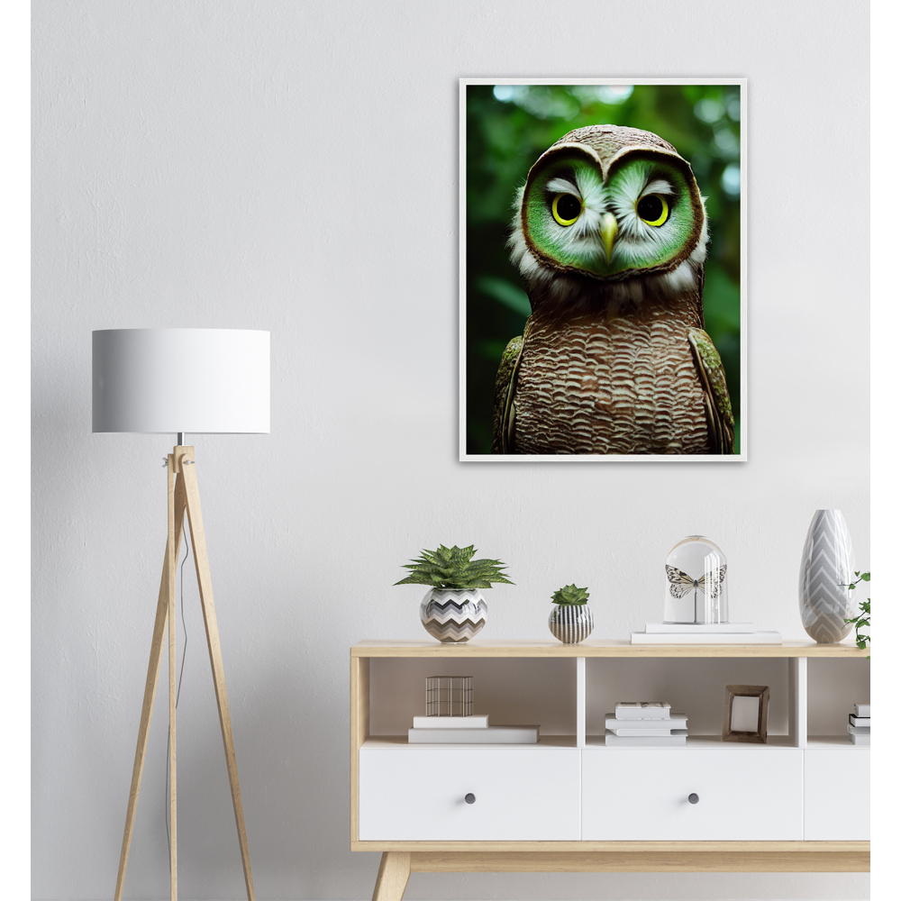 Poster mit Rahmen - Fruit Owl No. 4 - "Kiki", the Kiwi Owl - Wandkunst - Kunstdruck - (lat. tyto actinidia) - Kiwi Eule - Kiwi Owl - Fruchteulen - Vogel - Bird - Strigiformes - Noctua - Ornithologie - Kunstwerk  - Office Poster - Poster mit Rahmen - Kaffee Tasse - Poster mit Leisten - Bedruckte Tassen - Kunst Marke - Art Brand - Acryldruck - Wandbild - Kunstdrucke - Papier: 250g/qm - Künstler: John Grayst & Pixelboys - Eulen - Owl - Geschenkidee - 