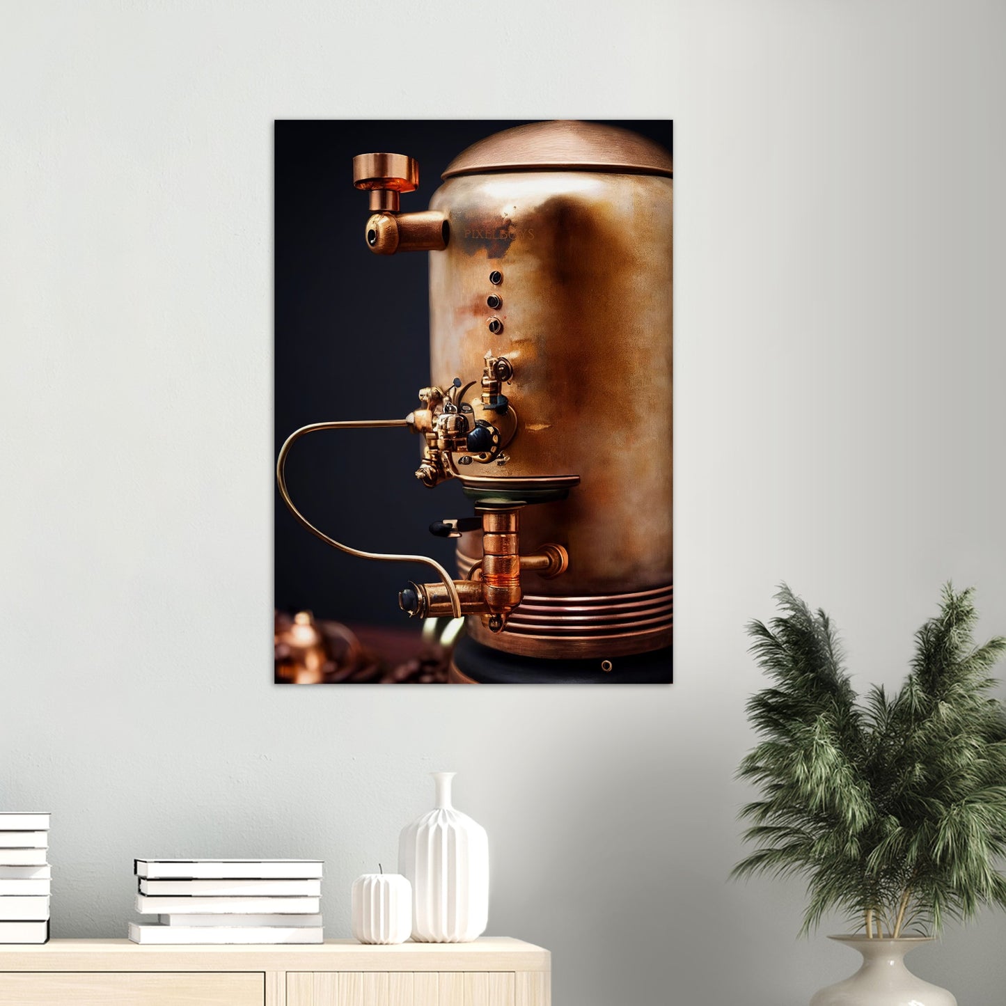 Poster in Museumsqualität - Steampunk - Coffee Maker - No.5 - Collection Cup - Pixelboys - Wandbild - Kunstwerk - Hotelkunst - Kunst auf Postern - Fine Art - Steampunk - Future - Maschine - Poster with frame - Office Poster - Art Brand - Pixelboys - Coffee House - Restaurant Poster - Wall Art - Kunstdruck - Geschenkidee - Kunst auf Acrylglas - Future Coffee Cup - Personalisierbare Tasse - Gastro Tasse - exklusiv - Acryldruck - Gastronomie Poster - Hotelposter - Steam Punk Kitchen -   