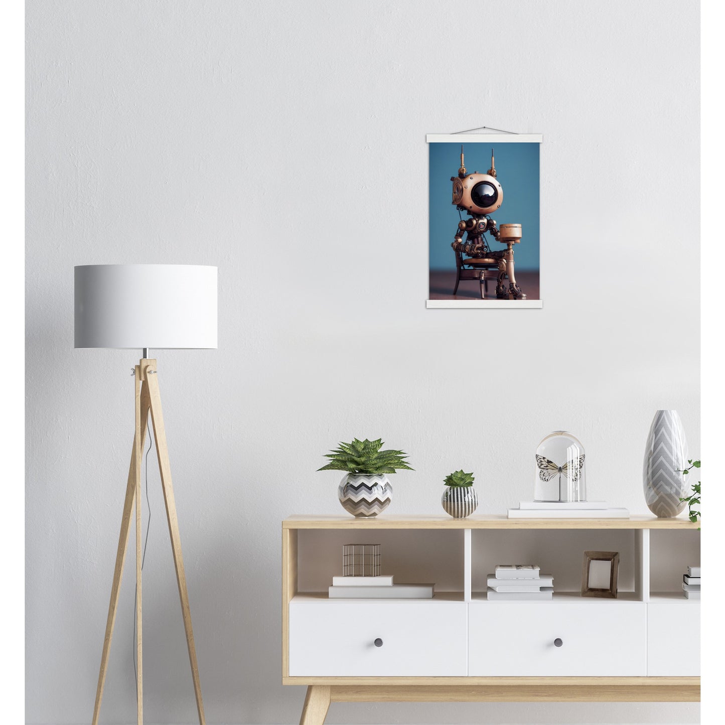 Poster mit Leisten (Holz) in Museumsqualität - Tiny robot with a present - "Tiny Sam" - Wandbild - Customizable Coffee Cup - Personalized Gifts - Kunstdruck - Roboter mit Geschenk - Steampunk - Acryldruck - Present Robots - Personalized Gifts - Poster with frame - nr.5 lebt - zukunft - Kunstwerk - Office Poster - Poster mit Rahmen - Kaffee Tasse  - Bedruckte Tassen - Kunst Marke - Art Brand - Wandbild - Kunstdrucke - Künstler: John Grayst & Pixelboys - emotional robots - Geschenkidee - Wall Art -