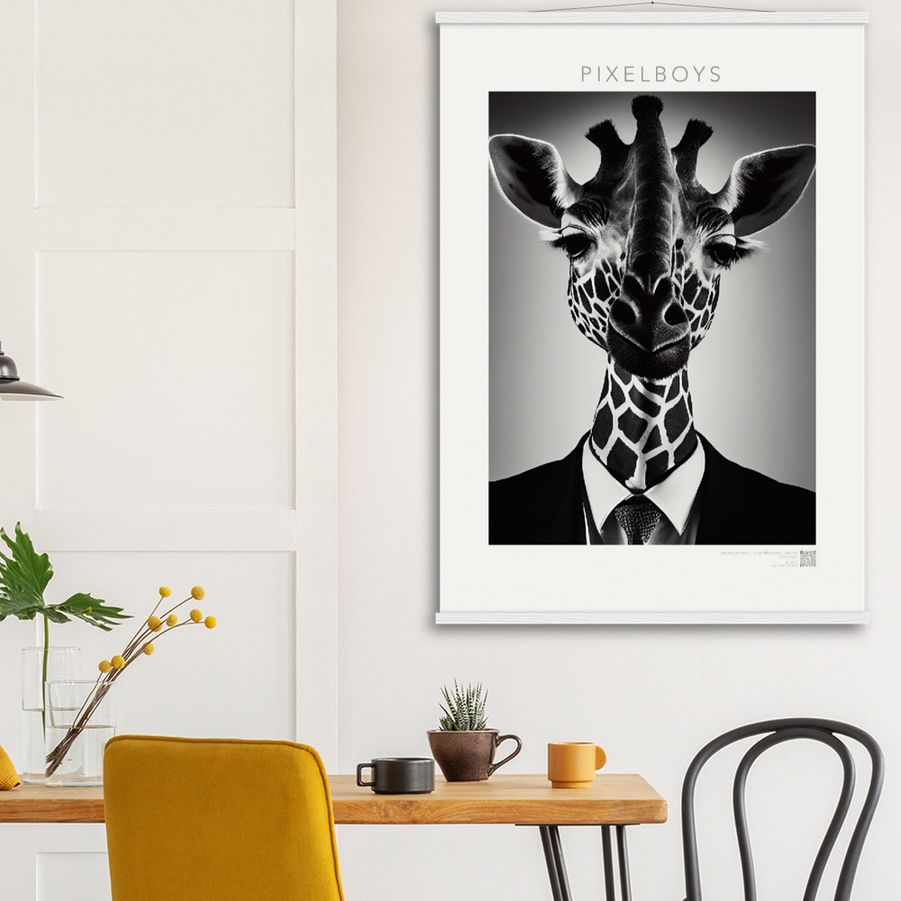 Poster mit Leisten (Holz) - "The giraffe knows" - Business Animals No. 2 "Bridget" - Künstler: "John Grayst" Kunstdruck - Wandbild - Poster - Pixelboys - Atelier - Milano - Berlin - Munich - Madrid - New York - Dubai - Paris - Tokio - Rom - Lisbon - Ottawa - Bern Switzerland - Amsterdam - Seoul - Vancouver - Antwerpen -