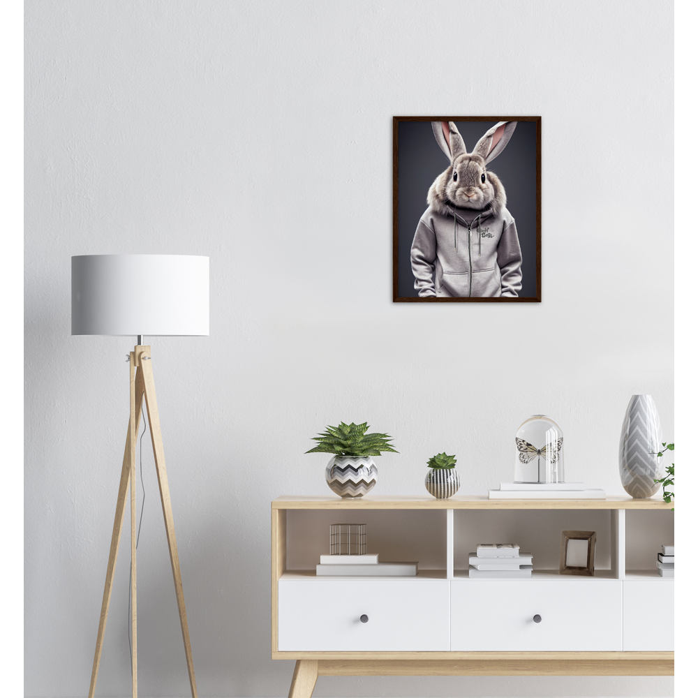 Poster mit Rahmen (Holz) - Bunny in grey Tracksuit - "Titus" - Fashion Gang - Wandbild - Ostern - Geschenkidee - Osterhase - Bunny Crew: "Titus" - "Caesar" - "Constantin" - "Cleo" - Weisser Hase - Easter Bunny - Cute - grey tracksuit - sweats - Alice's Adventures in Wonderland - Modemarke - Pixelboys Brand - Titus der Hase - Hase - Kaninchen  - Künstler: "Pixelboys" - Atelier - Germany - Berlin - Hamburg - Colgne - France - Paris - Italy - Rom - USA - America - New York City - Los Angeles - Chicago - 