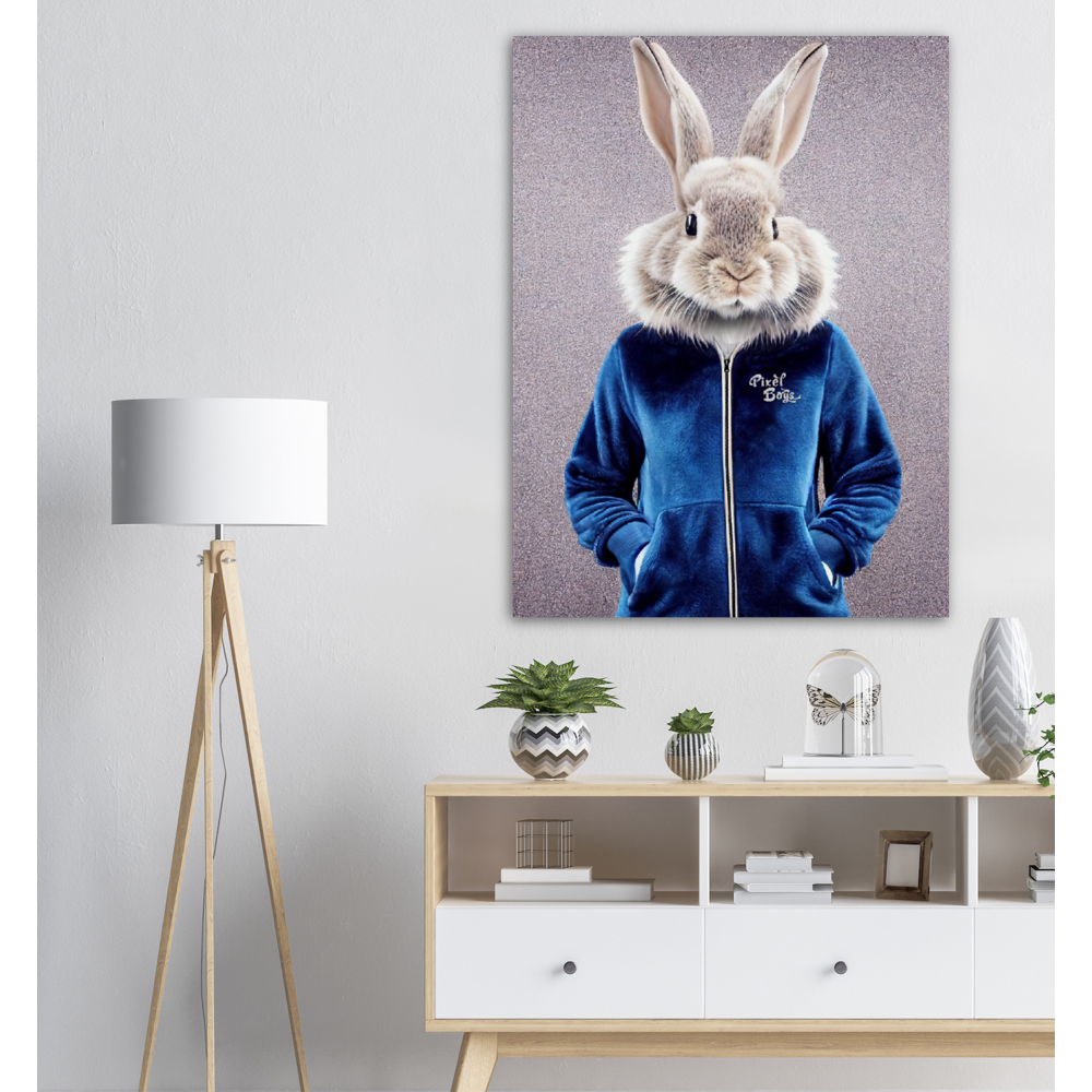 Poster in Museumsqualität - Bunny in blue Tracksuit - "Caesar" - Wandbild - Ostern - Geschenkidee - Osterhase - Bunny Crew: "Caesar" - "Constantin" - "Titus" - "Cleo" - Weisser Hase - Easter Bunny - Cute - blue Tracksuit - Modemarke -Pixelboys Brand - Caesar der Hase - Meister Lampe - Hase - Kaninchen - Karnickel - Stallhase - Künstler: "Pixelboys" - Atelier - Germany - Berlin - France - Paris - Italy - Rom - USA - America - New York City - Los Angeles - Chicago - Houston - Phoenix - Philadelphia 