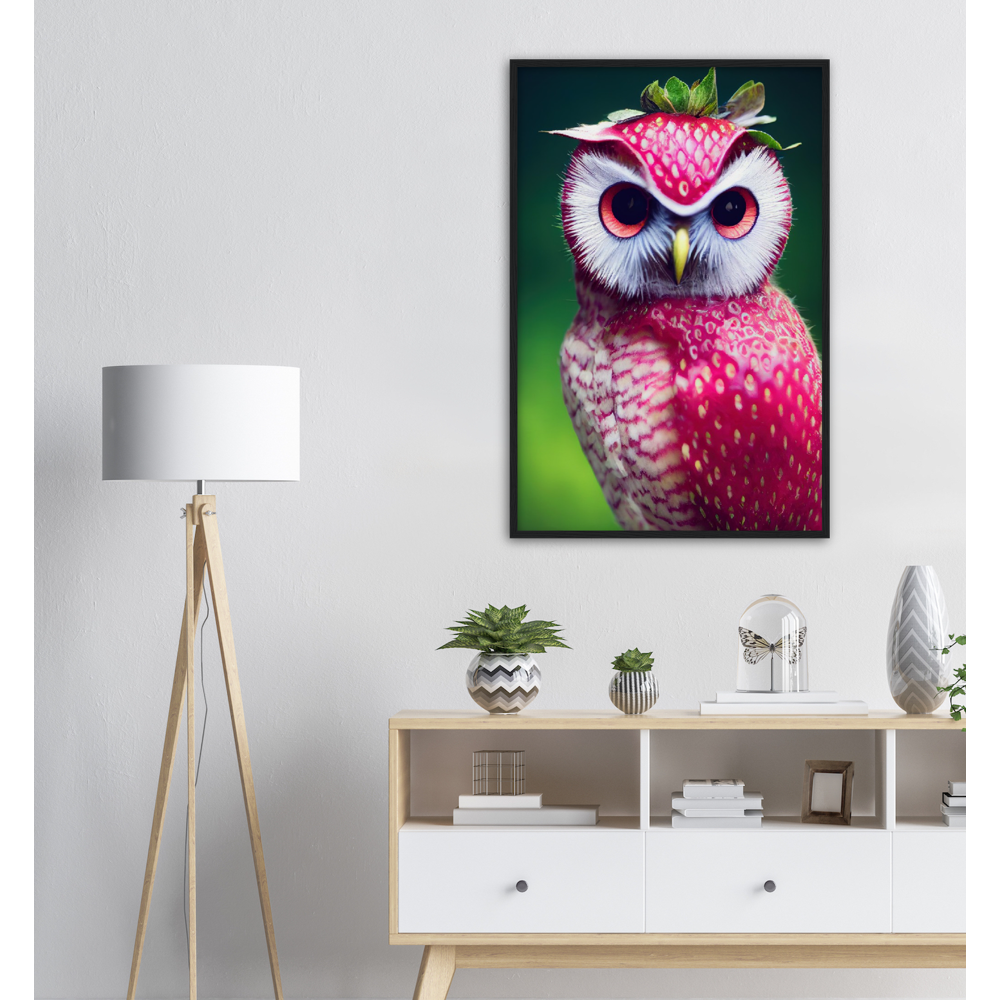 Poster in Rahmen (Holz) - Fruit Owl No. 2 - "Berry", the Strawberry Owl - Serie Fruit Owls - Wandkunst - Kunstdruck - (fiktiv: lat.  Pulsatrix Fragaria) - Erdbeere - Schleiereulen - Fruchteulen - Vogel - Bird - Strigiformes - Noctua - Ornithologie - Kunstwerk  - Office Poster - Poster mit Rahmen - Kaffee Tasse - Poster mit Leisten - Bedruckte Tassen - Kunst Marke - Art Brand - Acrylbild - Wandbild - Kunstdrucke - Papier: 250g/qm - Künstler: John Grayst & Pixelboys - Eulen - Owl - Geschenkidee - 