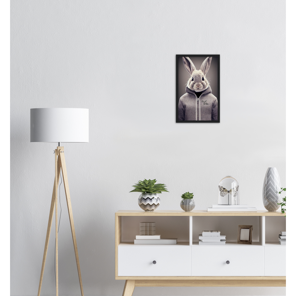 Poster mit Rahmen (Holz) - Bunny in grey Hoodie - "Constantin" - Fashion Gang - Wandbild - Ostern - Geschenkidee - Osterhase - Bunny Crew: "Constantin" - "Caesar" - "Titus" - "Cleo" - Weisser Hase - Easter Bunny - Cute - grey Hoodie - sweats - Alice's Adventures in Wonderland - Modemarke - Pixelboys Brand - Constantin der Hase - Hase - Kaninchen  - Künstler: "Pixelboys" - Atelier - Germany - Berlin - Hamburg - Colgne - France - Paris - Italy - Rom - USA - America - New York City - Los Angeles - Chicago - 