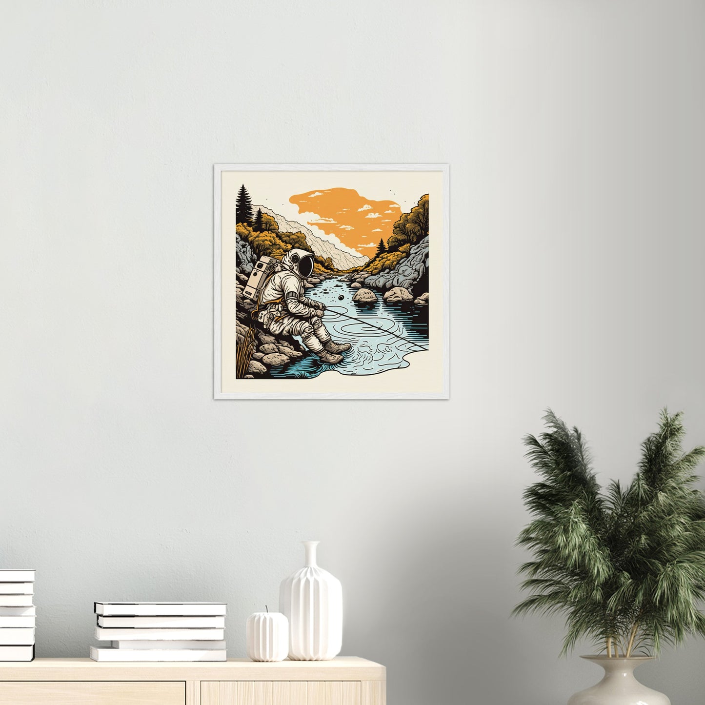 Poster mit Rahmen (Holz) - in Museumsqualität - Fishing Astronaut - Buzz - Angeln - Astronaut - Natur - Posterleisten - USA - Fineart - Posterrahmen  - Wandkunst - Holzrahmen - Poster with frame - people of color - artwork - art brand - printed cup personalized - Holzleisten - pixelboys - Kunstdrucke - wandbilder - wall art - Kunst auf Tassen  - Office Poster - Gastrotassen - Wanddekoration - Acrylkunst - Geschenkidee - Office Poster - Acryldruck - Abstrakte Kunst -