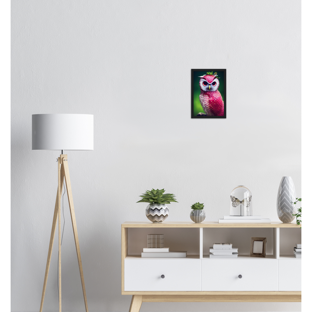 Poster in Rahmen (Holz) - Fruit Owl No. 2 - "Berry", the Strawberry Owl - Serie Fruit Owls - Wandkunst - Kunstdruck - (fiktiv: lat.  Pulsatrix Fragaria) - Erdbeere - Schleiereulen - Fruchteulen - Vogel - Bird - Strigiformes - Noctua - Ornithologie - Kunstwerk  - Office Poster - Poster mit Rahmen - Kaffee Tasse - Poster mit Leisten - Bedruckte Tassen - Kunst Marke - Art Brand - Acrylbild - Wandbild - Kunstdrucke - Papier: 250g/qm - Künstler: John Grayst & Pixelboys - Eulen - Owl - Geschenkidee - 