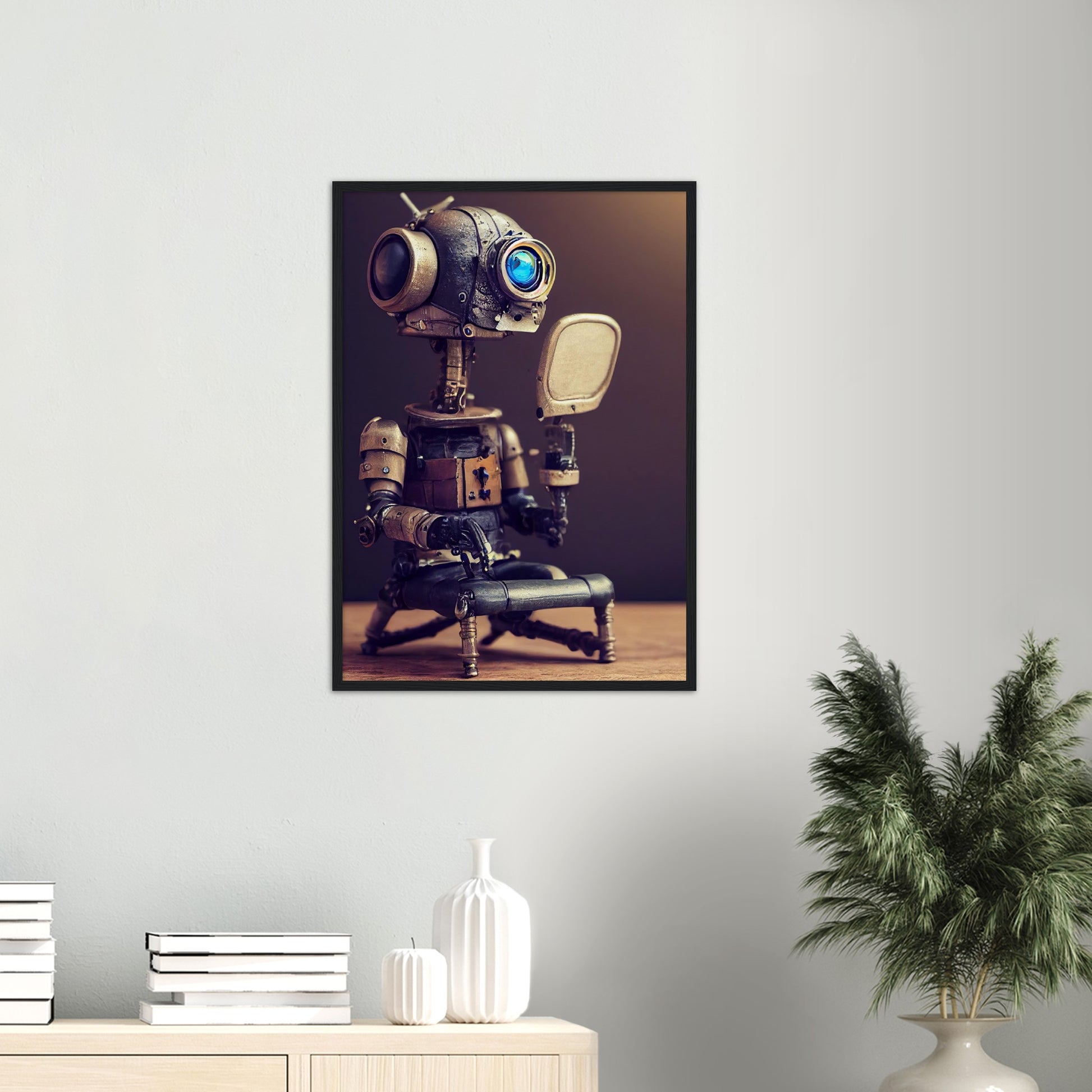 Poster mit Rahmen (Holz) in Museumsqualität - Tiny robot with a mirror - Hitoshi 人 - Wall Art - Spiegel - Acryldruck - Wandkunst - Customizable Coffee Cup - Personalized Gifts - Kunstdruck - Kleine Roboter - Acryldruck - Little Robots - Personalized Gifts - Tiny  - Steampunk - zukunft - Poster with frame - Kunstwerk - Office Poster - Poster mit Rahmen - Kaffee Tasse - Poster - Bedruckte Tassen - Kunst Marke - Art Brand - Kunstdrucke - Künstler: John Grayst & Pixelboys - emotional robots - Geschenkidee - 