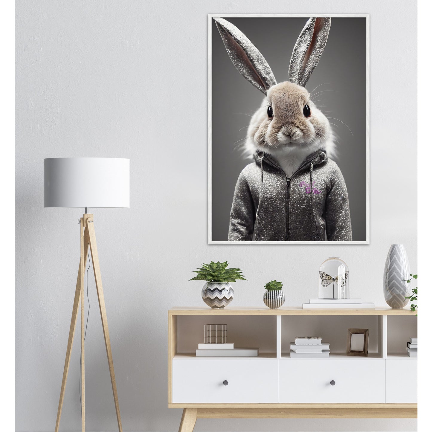 Poster mit Rahmen (Holz) - in Museumsqualität - Bunny in grey tracksuit - "Cleo" - Cute - Marke:Pixelboys - Brand - Art Prints - Marke - Wandkunst - Papierstärke: 250g/qm - Wall Art - Bunny crey - Skater Betty - Hasen Gang - Original - Künstler:Pixelboys - Poster with frame - Office Poster - Trend - Wandschmuck - Atelier USA - 