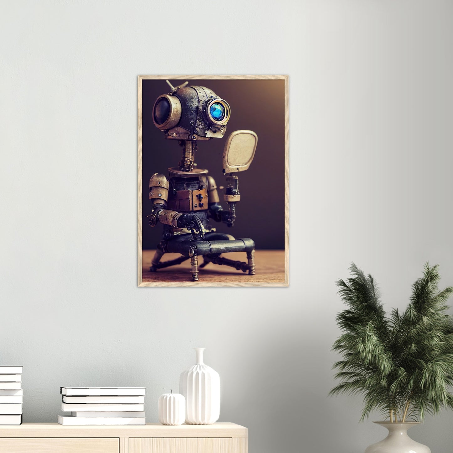 Poster mit Rahmen (Holz) in Museumsqualität - Tiny robot with a mirror - Hitoshi 人 - Wall Art - Spiegel - Acryldruck - Wandkunst - Customizable Coffee Cup - Personalized Gifts - Kunstdruck - Kleine Roboter - Acryldruck - Little Robots - Personalized Gifts - Tiny  - Steampunk - zukunft - Poster with frame - Kunstwerk - Office Poster - Poster mit Rahmen - Kaffee Tasse - Poster - Bedruckte Tassen - Kunst Marke - Art Brand - Kunstdrucke - Künstler: John Grayst & Pixelboys - emotional robots - Geschenkidee - 