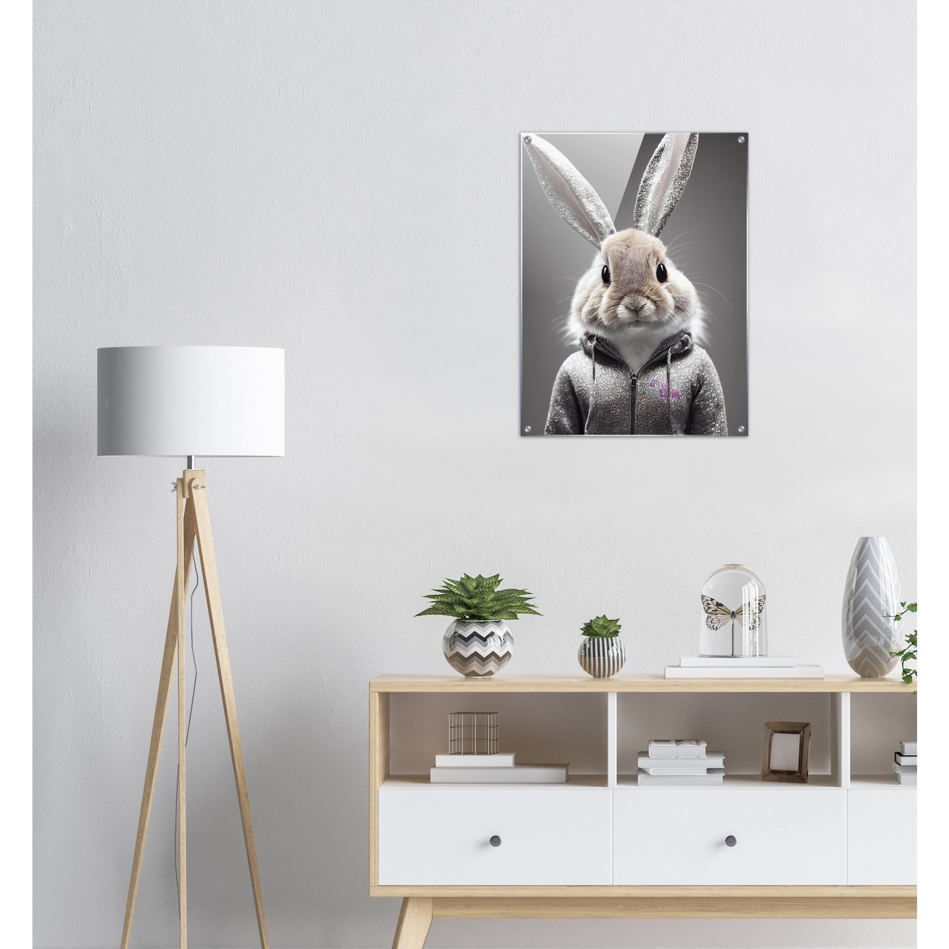 Acrylbild - in Museumsqualität - Bunny in grey tracksuit - "Cleo" - Cute - Marke:Pixelboys - Brand - Art Prints - Marke - Wandkunst - Papierstärke: 250g/qm - Wall Art - Bunny crey - Skater Betty - Hasen Gang - Original - Künstler:Pixelboys - Poster with frame - Office Poster - Trend - Wandschmuck - Atelier USA - 