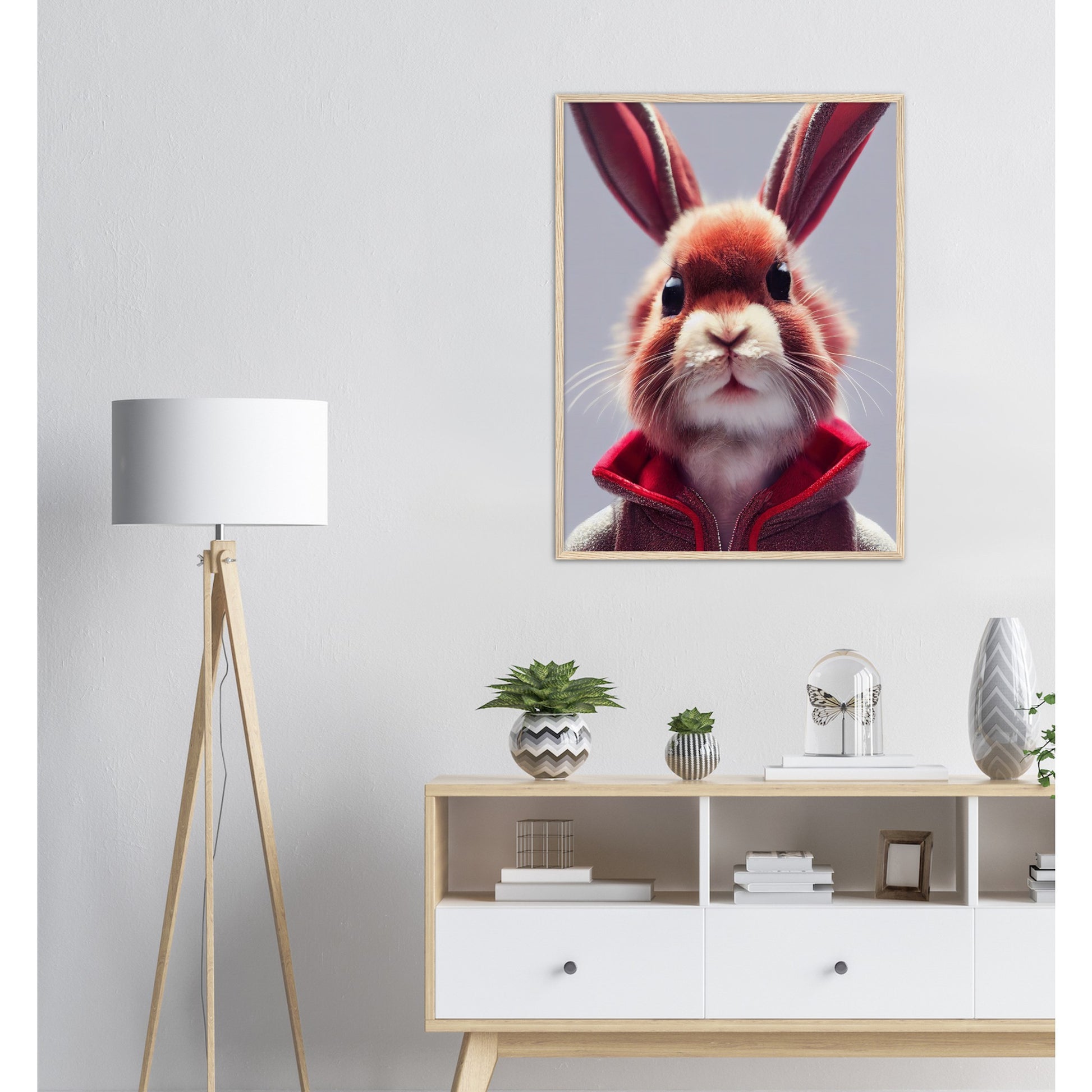 Poster mit Rahmen (Holz)- Museumsqualität - Bunny in grey red tracksuit - "Julius" - personalized mug - customized mug - Cute rabbit - Marke:- Pixelboys - Brand - Art Prints - Marke - Wandkunst - Papierstärke: 250g/qm - Wall Art - Bunny crey - Skater Betty - Hasen Gang - Original - Künstler:Pixelboys - Poster with frame - Office Poster - Trend - Wandschmuck - Atelier USA - 