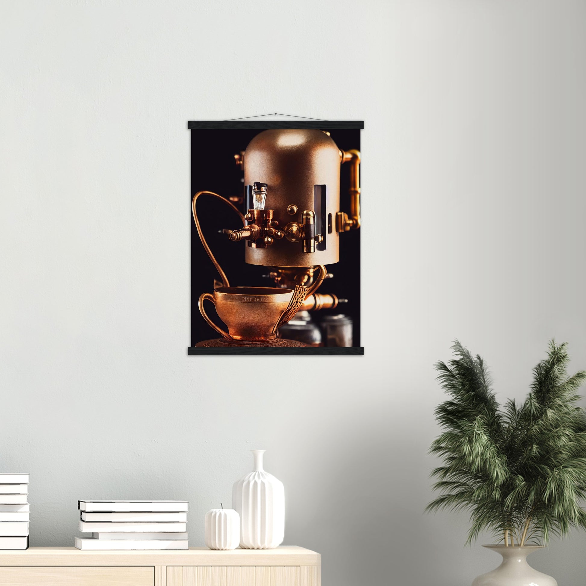 Poster mit Leisten (Holz) - Steampunk - Coffee Maker - No.7 - Collection Cup - Pixelboys - Wandbild - Kunstwerk - Hotelkunst - Kunst auf Postern - Fine Art - Steampunk - Future - Maschine - Poster with frame - Office Poster - Art Brand - Pixelboys - Coffee House - Restaurant Poster - Wall Art - Kunstdruck - Geschenkidee - Kunst auf Acrylglas - Future Coffee Cup - Personalisierbare Tasse - Gastro Tasse - exklusiv - Acryldruck - Gastronomie Poster - Hotelposter - Teestube - Steam Punk Kitchen -   